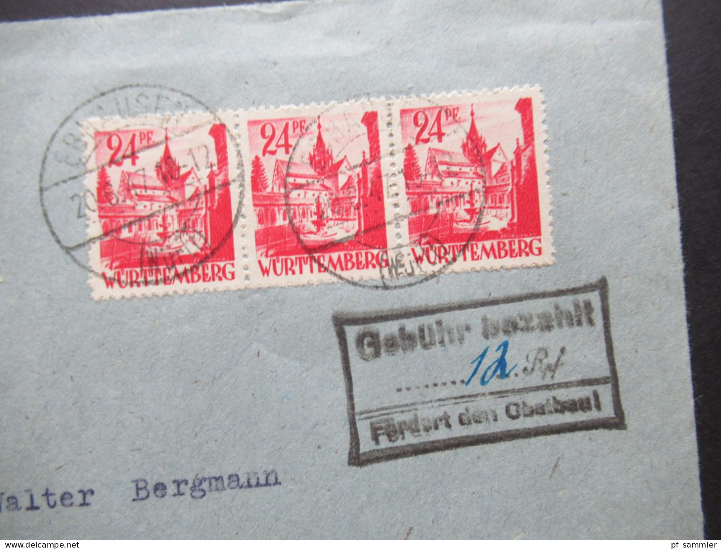 1947 Französische Zone Württemberg Nr.8 (3) Einschreiben + Stempel Gebühr Bezahlt 12 Rpf Fördert Den Obstbau! Ebhausen - Württemberg