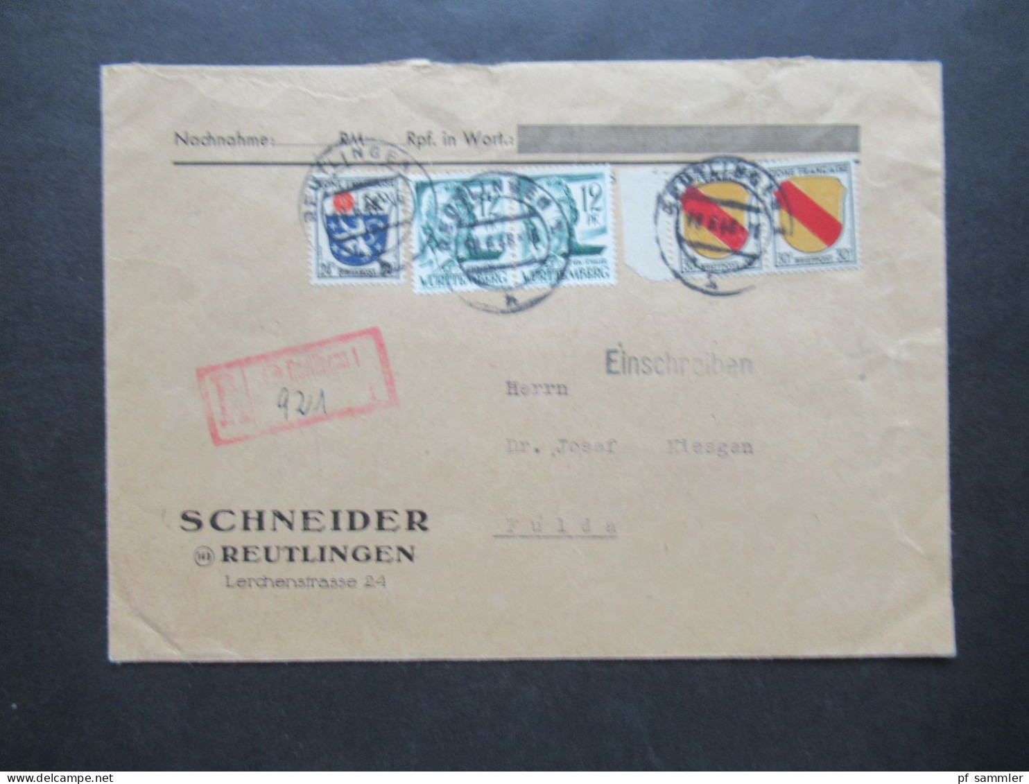 1948 Französische Zone MiF Nr.8 (2), Nr.9 Und Württemberg Nachnahme Einschreiben R-Zettel Als Stempel Reutlingen 1 - Wurtemberg