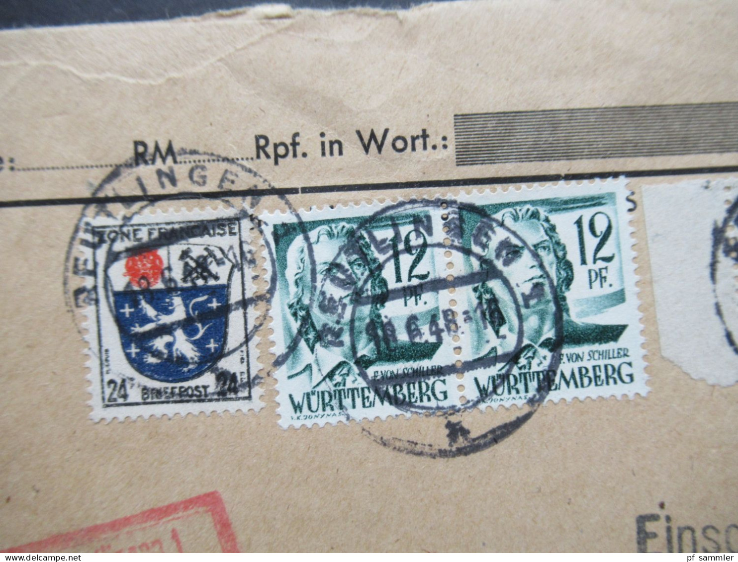 1948 Französische Zone MiF Nr.8 (2), Nr.9 Und Württemberg Nachnahme Einschreiben R-Zettel Als Stempel Reutlingen 1 - Württemberg