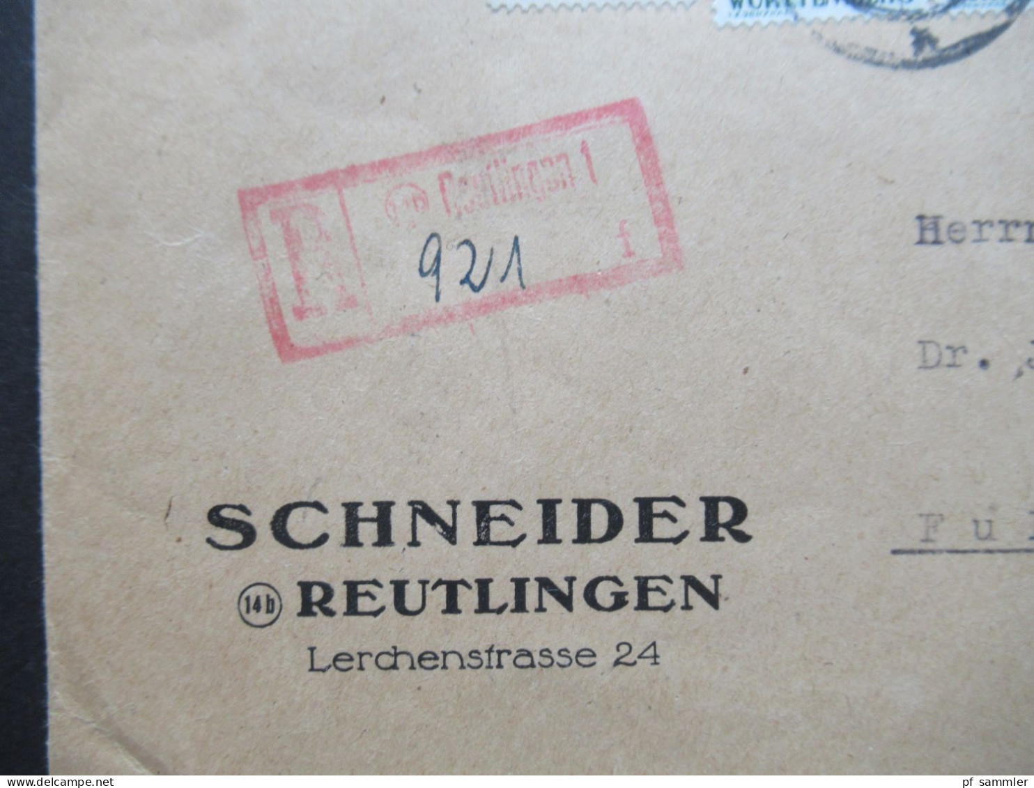 1948 Französische Zone MiF Nr.8 (2), Nr.9 Und Württemberg Nachnahme Einschreiben R-Zettel Als Stempel Reutlingen 1 - Wurtemberg