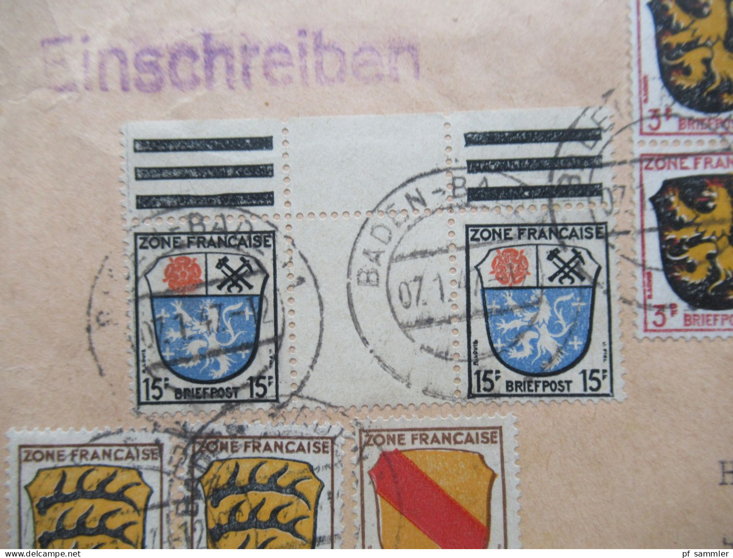 1947 Französische Zone Allg. Ausgabe MiF 1x Zwischenstegpaar Nr.7 Einschreiben Gestempelter R-Zettel Baden - Baden - Emissioni Generali