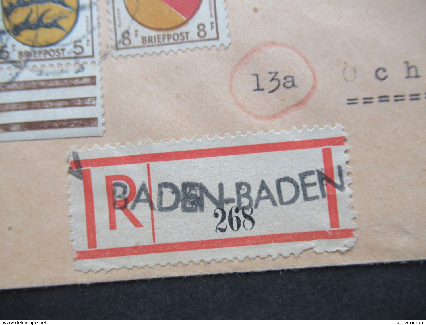 1947 Französische Zone Allg. Ausgabe MiF 1x Zwischenstegpaar Nr.7 Einschreiben Gestempelter R-Zettel Baden - Baden - Algemene Uitgaven