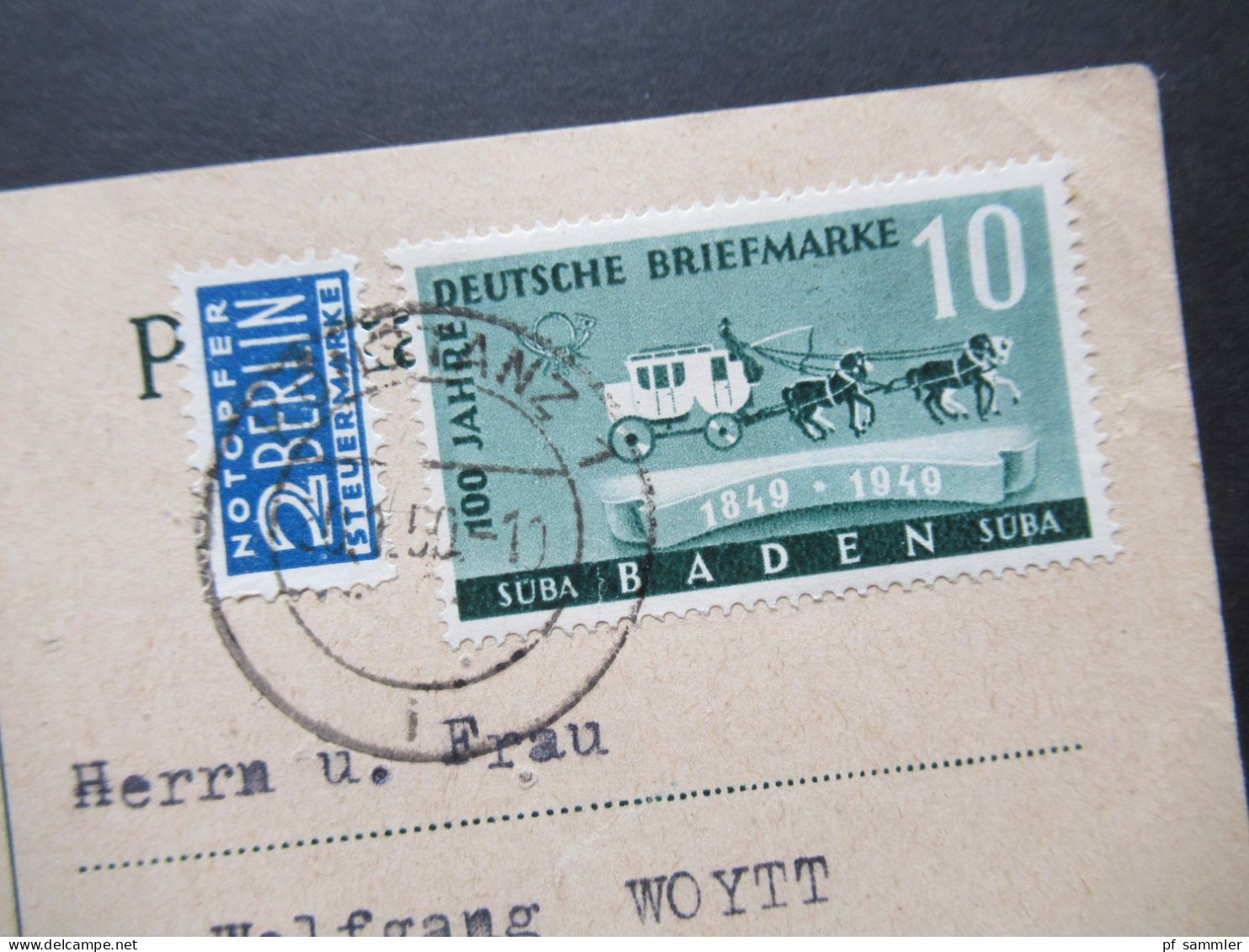 1949 / 50 Französische Zone Württemberg Baden Nr.54 SÜBA EF Mit Notopfer Fern PK Konstanz - Oberhausen - Bade