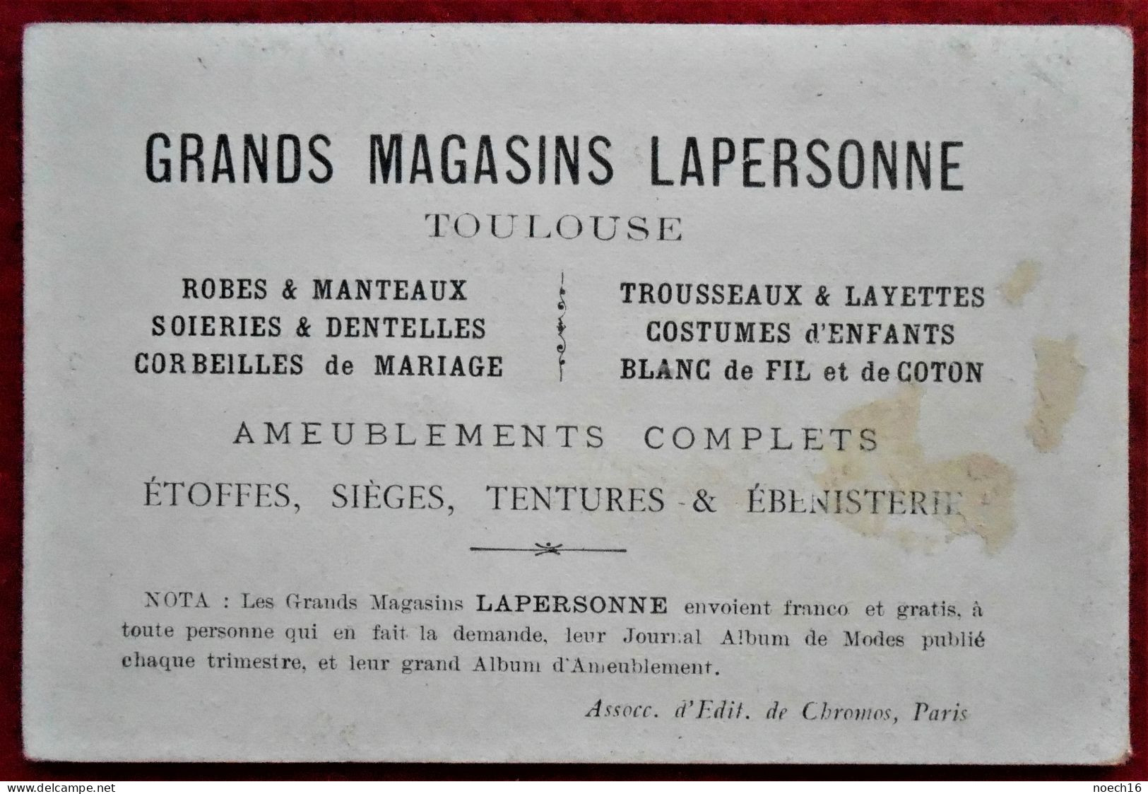 Chromo Publicité  Grands Magasins Lapersonne, Toulouse. Robes, Soieries, Ameublement. Chasseur. - Sonstige & Ohne Zuordnung