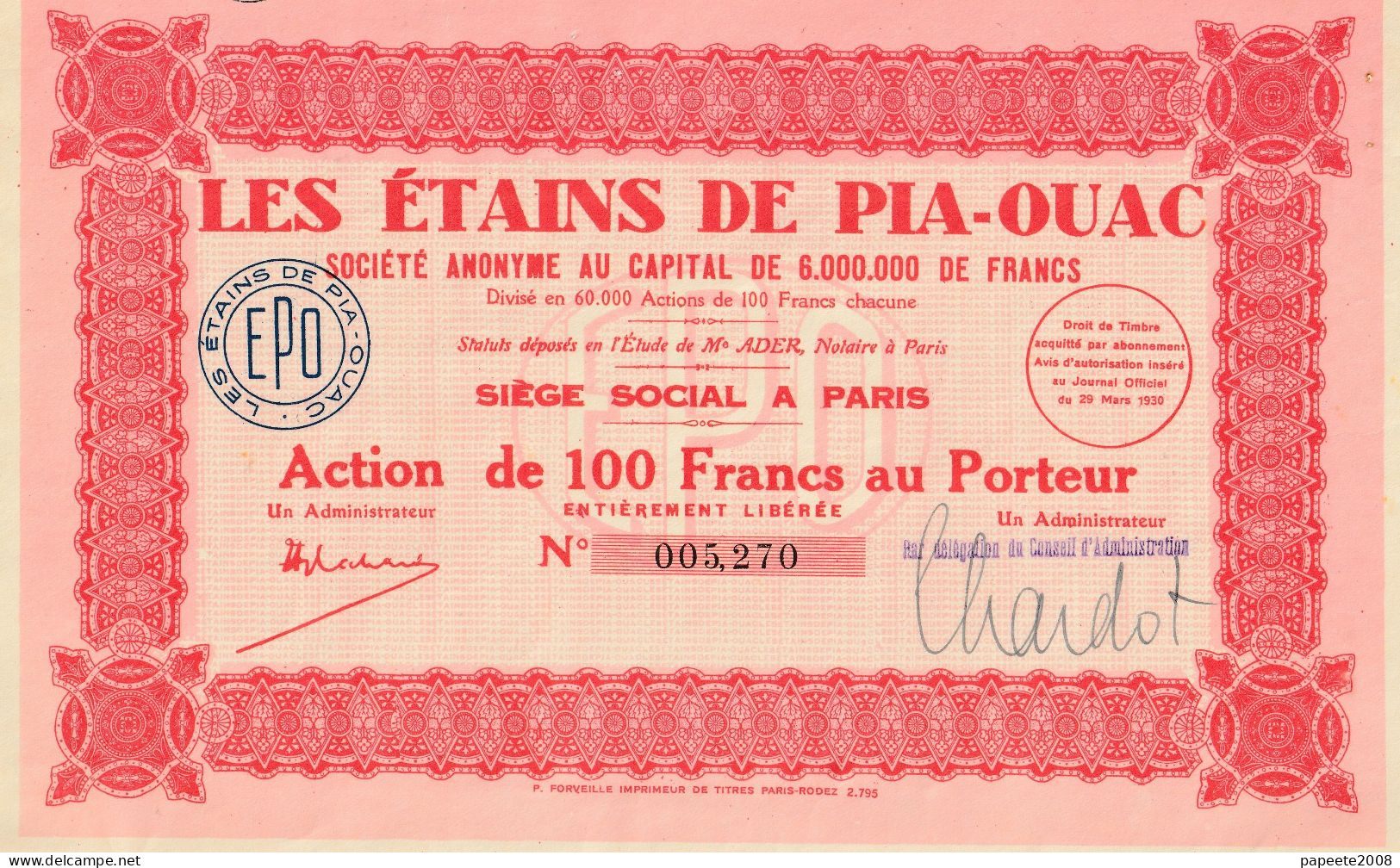 Indochine - Les étains De Pia-Ouac - Action De 100 F / 1930 - Asien