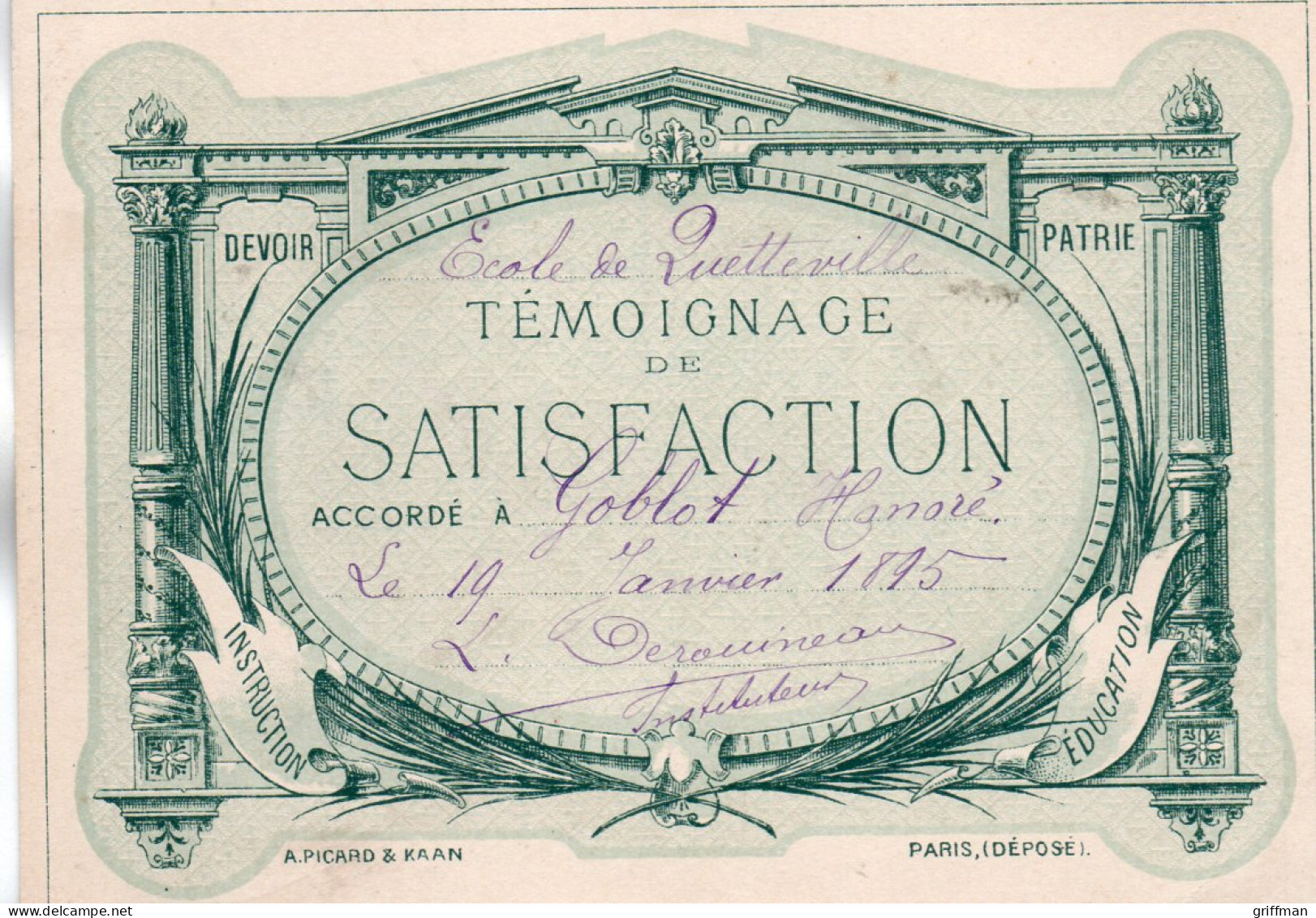 ENVIRONS BEUZEVILLE ECOLE DE QUETTEVILLE TEMOIGNAGE DE SATISFACTION GOBLOT HONORE 19 JANVIER 1895 TBE - Diplômes & Bulletins Scolaires