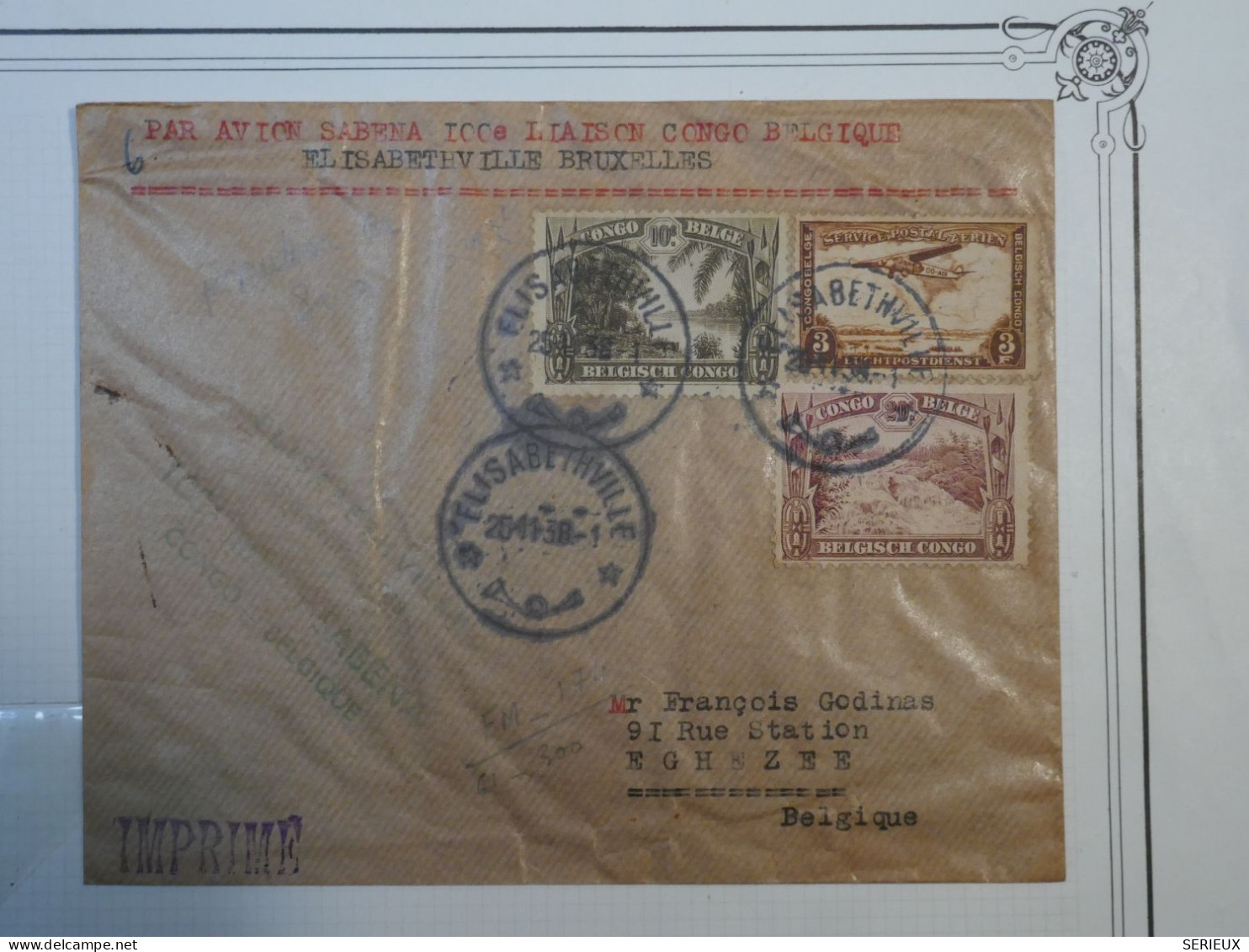 C CONGO BELGE BELLE  LETTRE RR +1938 1ER VOL AVION. SABENA+ELISABETHVILLE A EGHESEE BELGIQUE ++ AFFR. INTERESSANT+++ + - Lettres & Documents