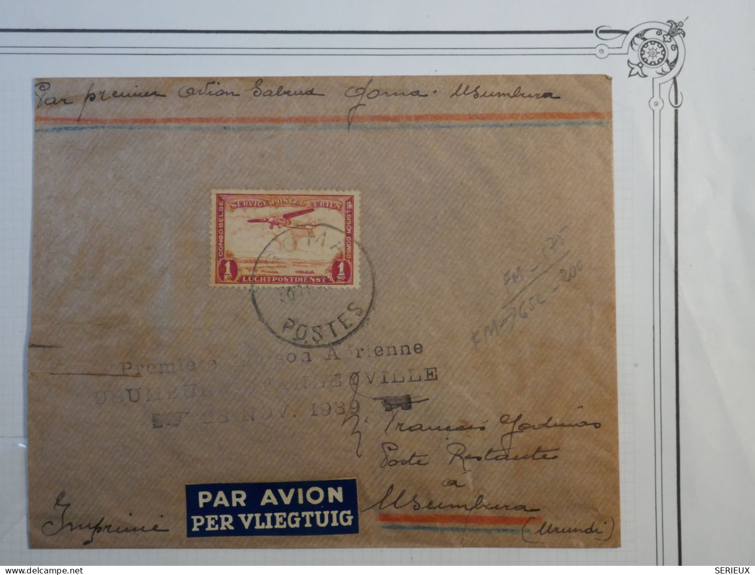 C CONGO BELGE BELLE  LETTRE RR +++  1939 PAR AVION SABENA+PETIT BUREAU GOMA A UNSUMBURA ++ AFFR. INTERESSANT+++ + - Storia Postale