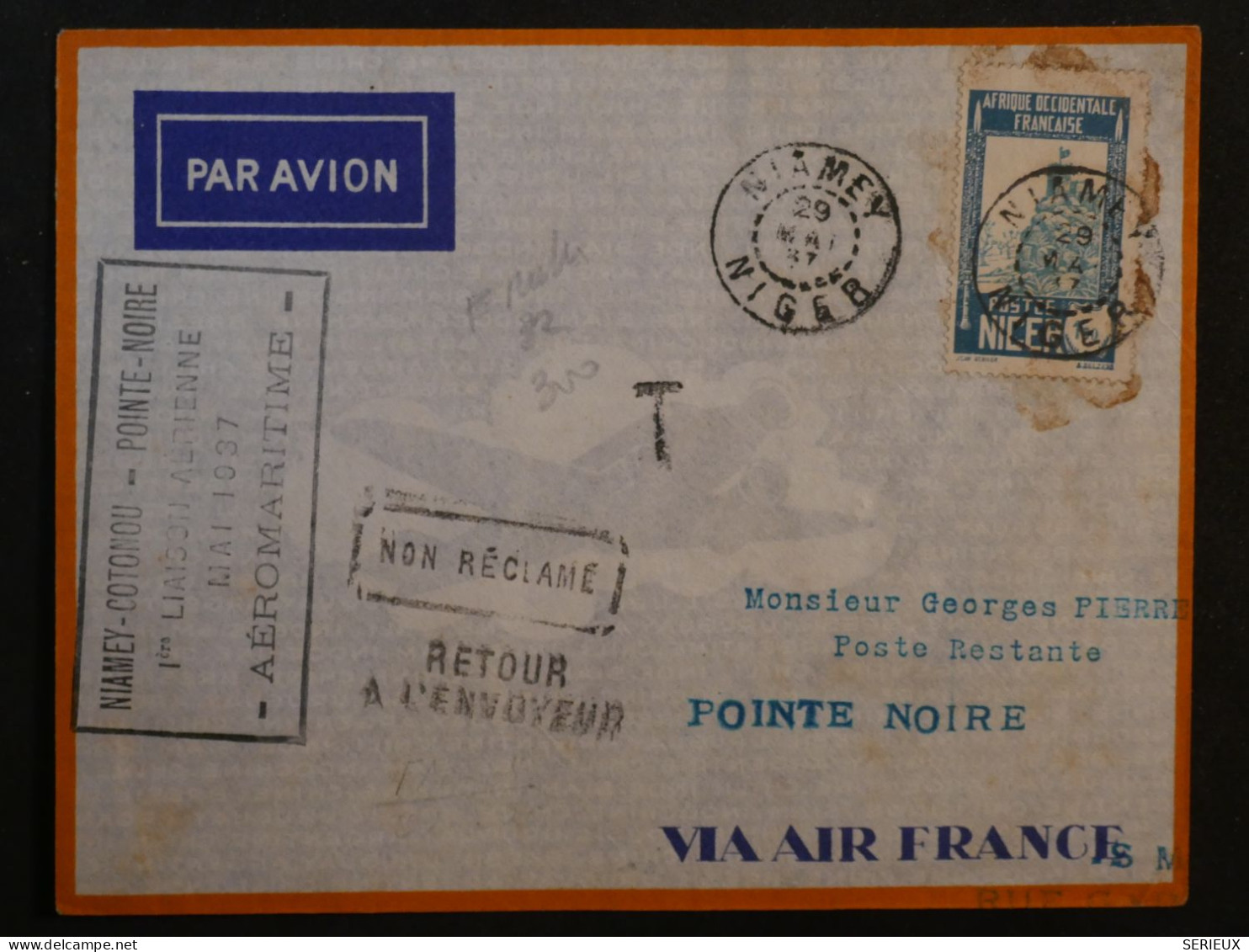 BQ4 NIGER  BELLE  LETTRE RR +++  1937 1ER VOL SABENA+ NIAMEY POINTE NOIRE MOYEN CONGO+AIR FRANCE+ AFFR. INTERESSANT+++ + - Briefe U. Dokumente