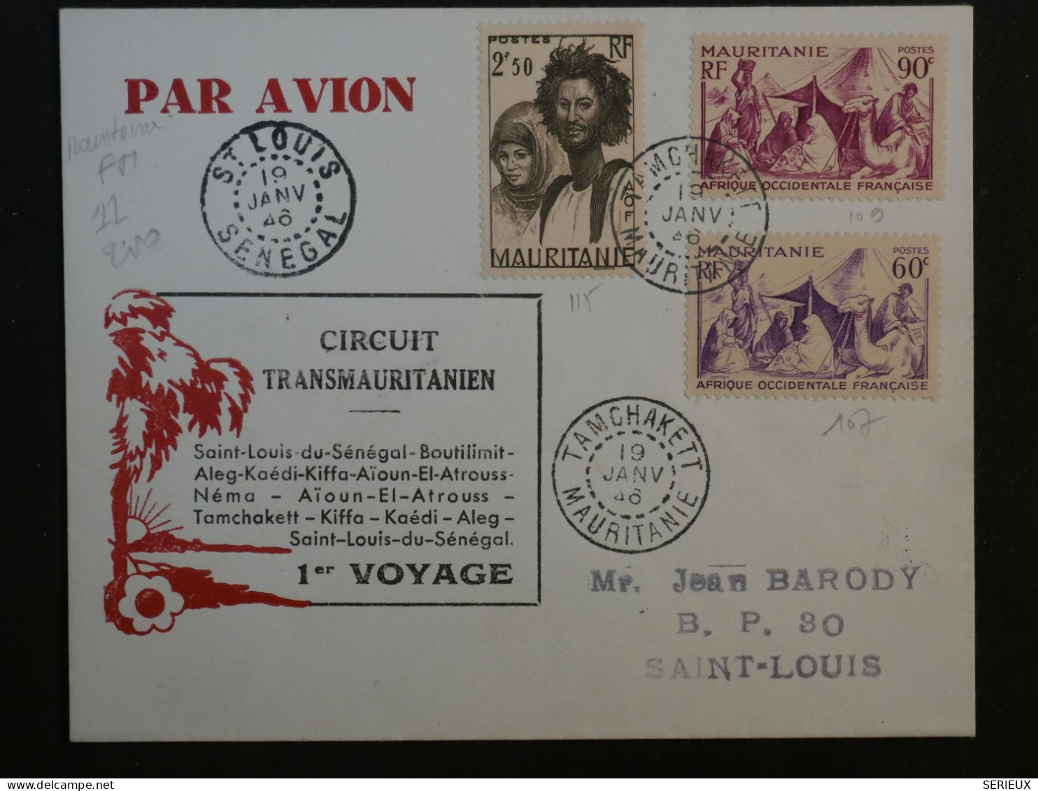 BQ4 MAURITANIE   BELLE  LETTRE RR +++  1946 1ER VOL  +PETIT BUREAU TAMCHAKETT A ST LOUIS + AFFR. PLAISANT+++ + - Storia Postale