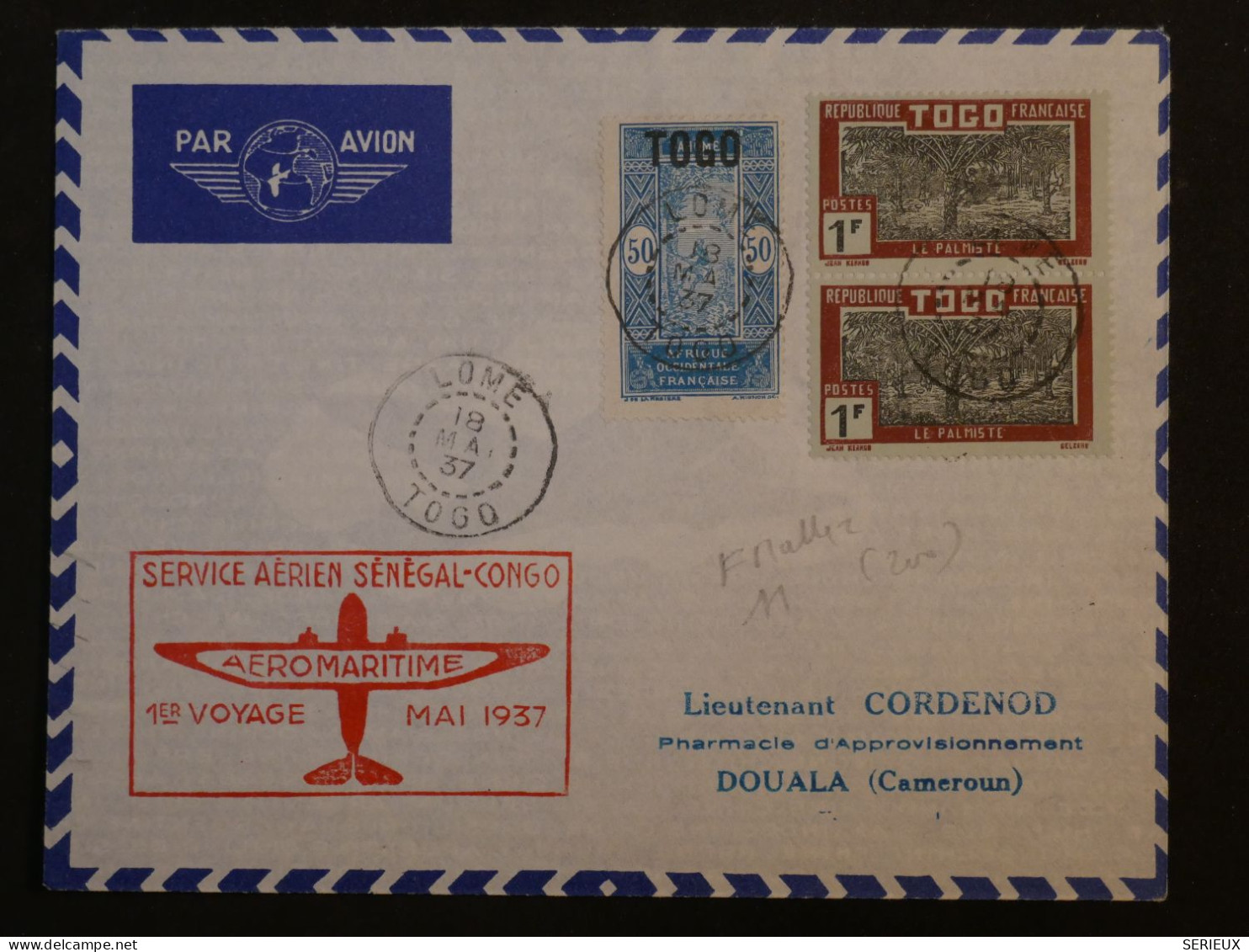 BQ4 TOGO   BELLE  LETTRE RR +++  1937 1ER VOL  +PETIT BUREAU LOME A  DOUALA CAMEROUN+ AFFR. PLAISANT+++ + - Cartas & Documentos