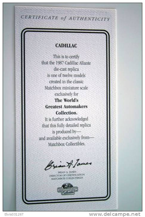 Matchbox Lesney MB72-I/65-F13 Cadillac Allante "ULTRA CLASS" 1987 + certificate