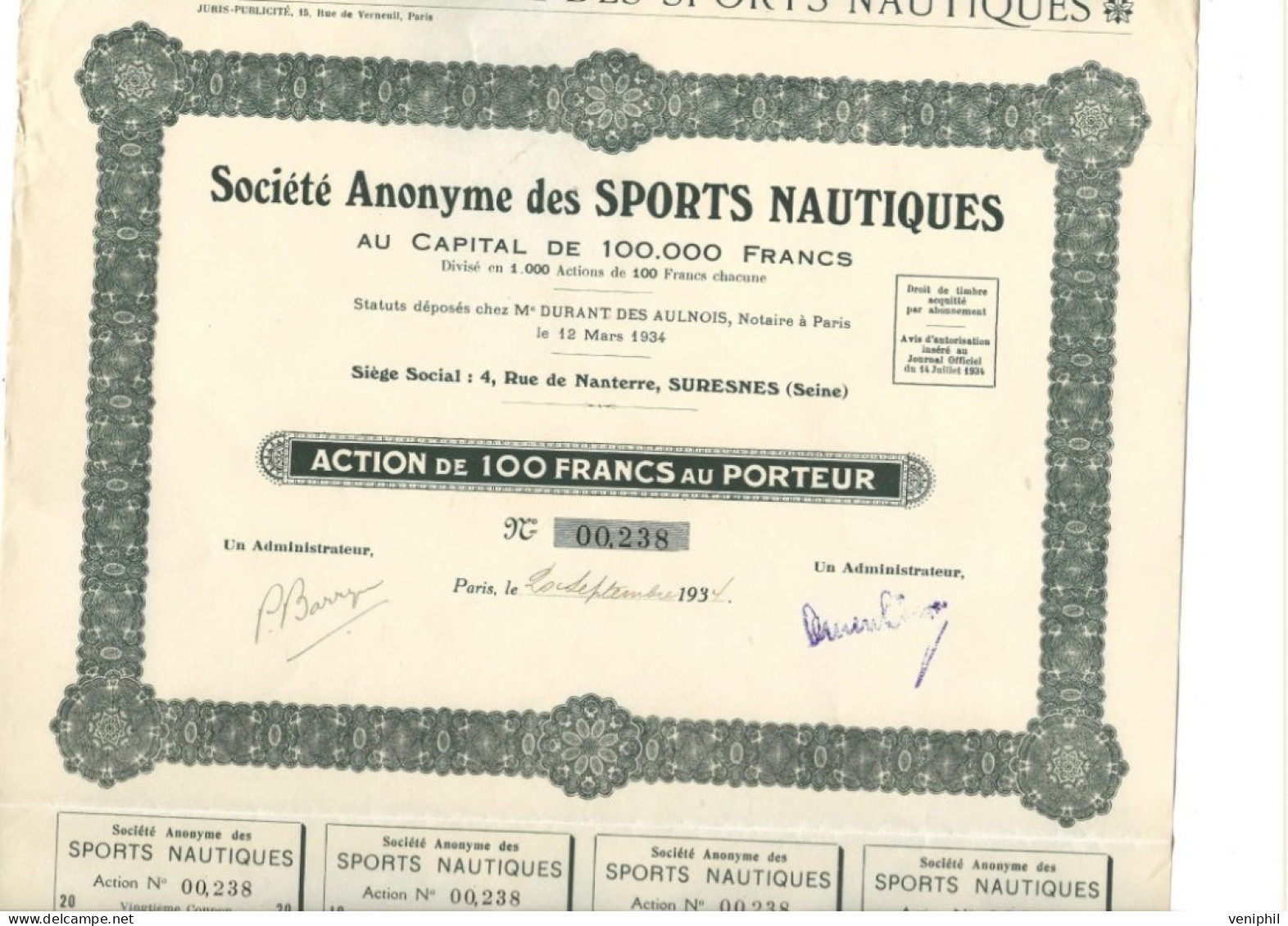 SOCIETE DES SPORTS NAUTIQUES- -SURESNES -DIVISE EN 1000 ACTIONS DE 100 FRS -ANNEE 1931 - Sports