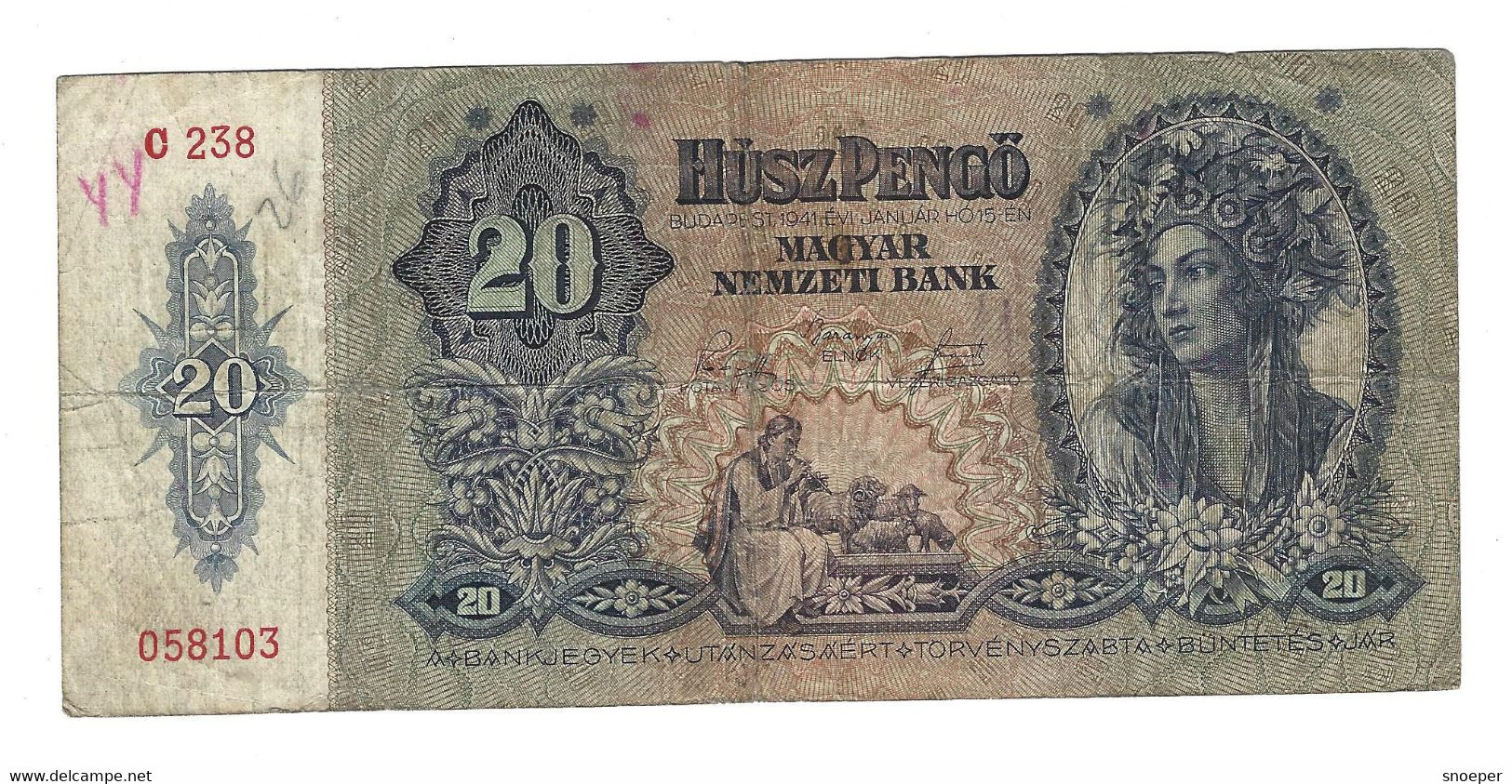 *hungary  20 Pengo 1941      109 - Hongrie