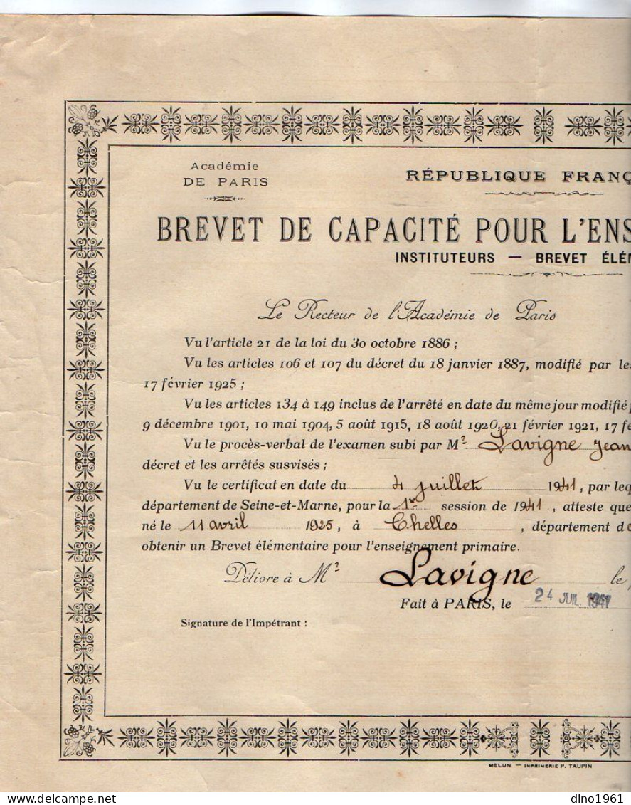 VP21.839 - PARIS 1941 - RF - Brevet De Capacité Pour L'Enseignement Primaire - Mr J.L. LAVIGNE Né à CHELLES - Diplome Und Schulzeugnisse