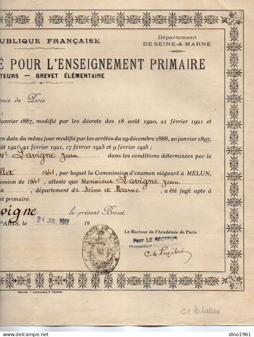 VP21.839 - PARIS 1941 - RF - Brevet De Capacité Pour L'Enseignement Primaire - Mr J.L. LAVIGNE Né à CHELLES - Diplome Und Schulzeugnisse