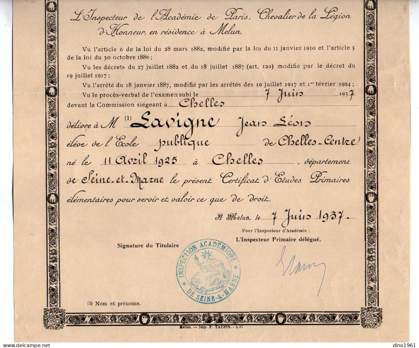 VP21.840 - PARIS X MELUN 1937 - RF - Certificat D'Etudes Primaires Elémentaires - Mr J.L. LAVIGNE Né à CHELLES - Diplomas Y Calificaciones Escolares