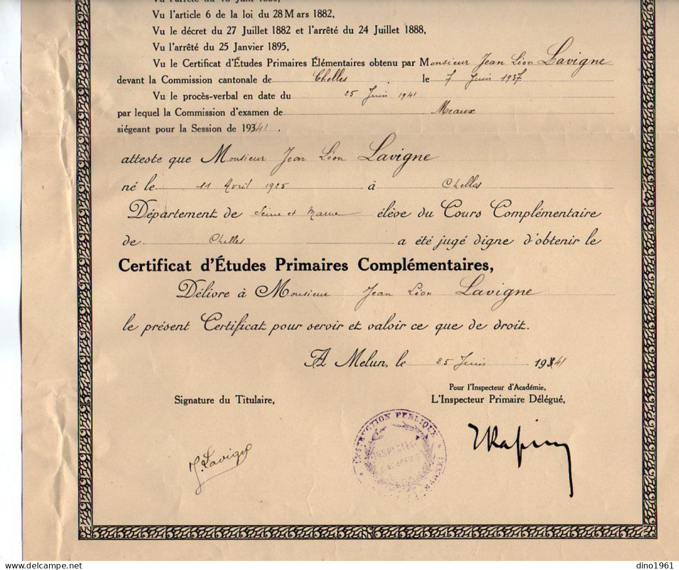 VP21.841 - PARIS X MELUN 1934 - RF - Certificat D'Etudes Primaires Complémentaires - Mr J.L. LAVIGNE Né à CHELLES - Diploma's En Schoolrapporten