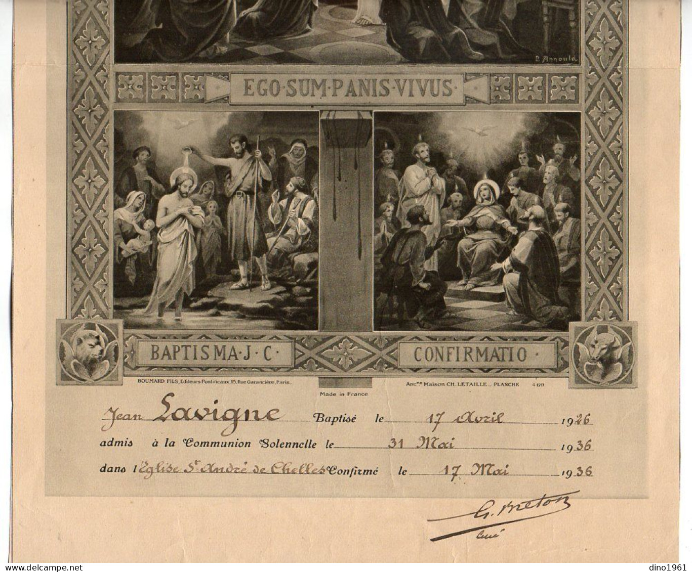 VP21.842 - Eglise Saint - André De CHELLES 1936 - Certificat De Baptême Et Communion Solennelle - Mr Jean LAVIGNE - Geburt & Taufe