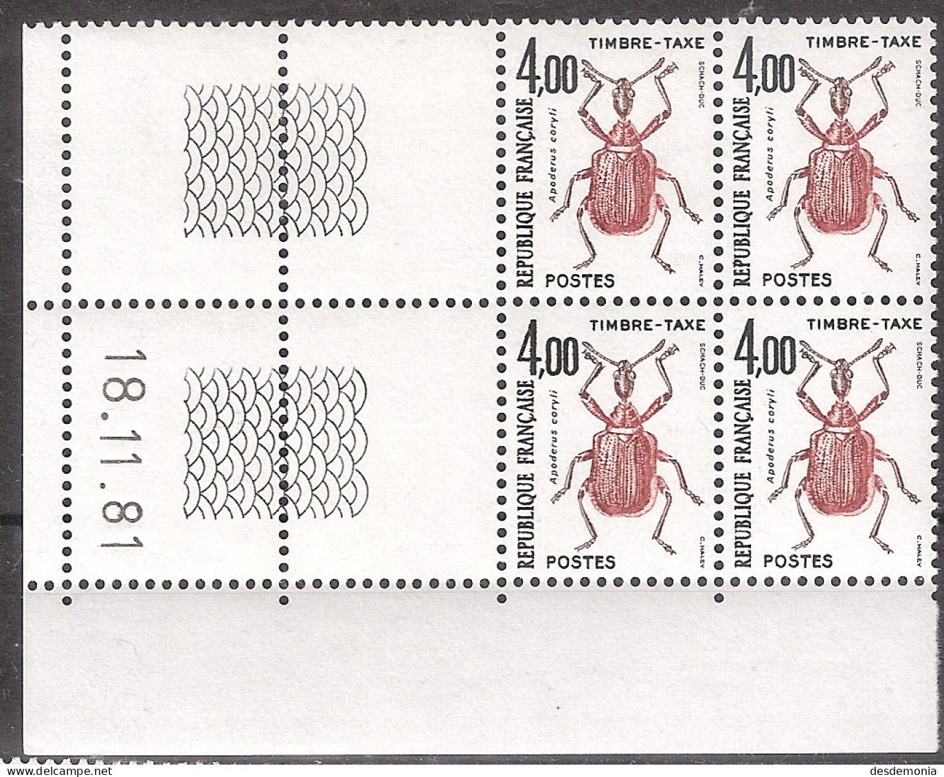 France Yvert Taxe 111 ** Insecte A. Corily  GB Coin-daté Du 18,11,81 T.D.3 - Segnatasse