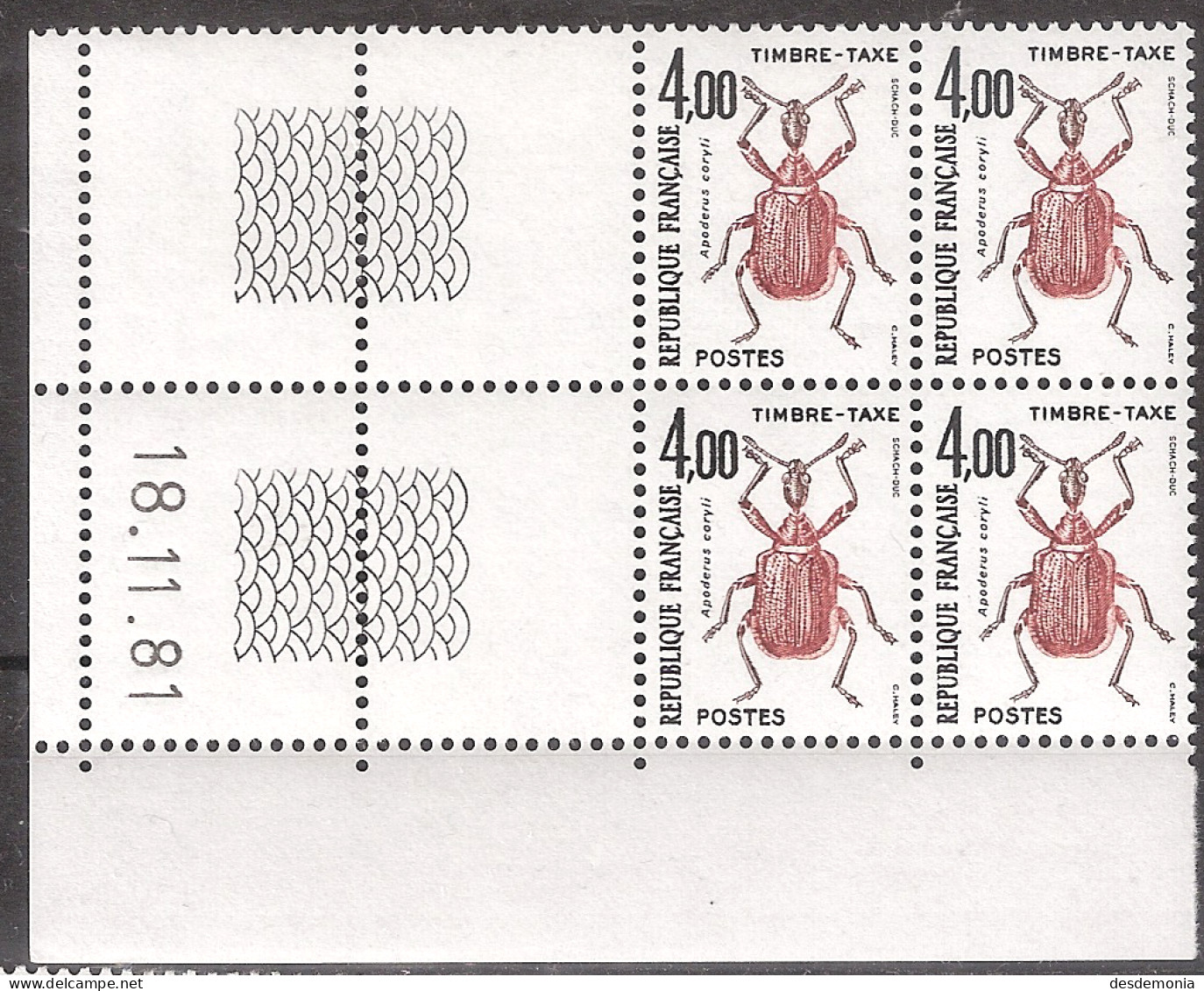 France Yvert Taxe 111 ** Insecte A. Corily  GB Coin-daté Du 18,11,81 T.D.3 - Strafport