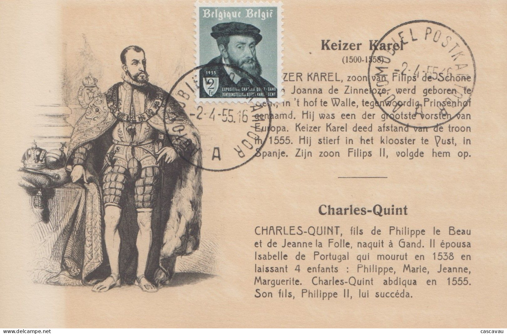 Carte  Maximum    BELGIQUE    CHARLES  QUINT    Poste  AUTOMOBILE    1955 - 1951-1960