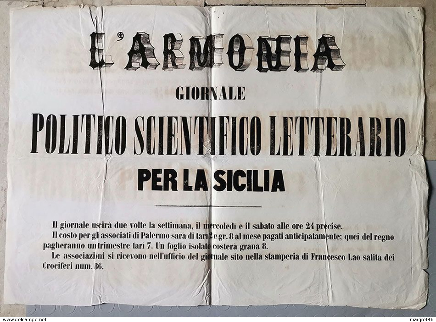 MANIFESTO GIORNALE POLITICO SCIENTIFICO LETTERARIO L'ARMONIA PER LA SICILIA PALERMO REGNO DELLE DUE SICILE META 1800 - Posters