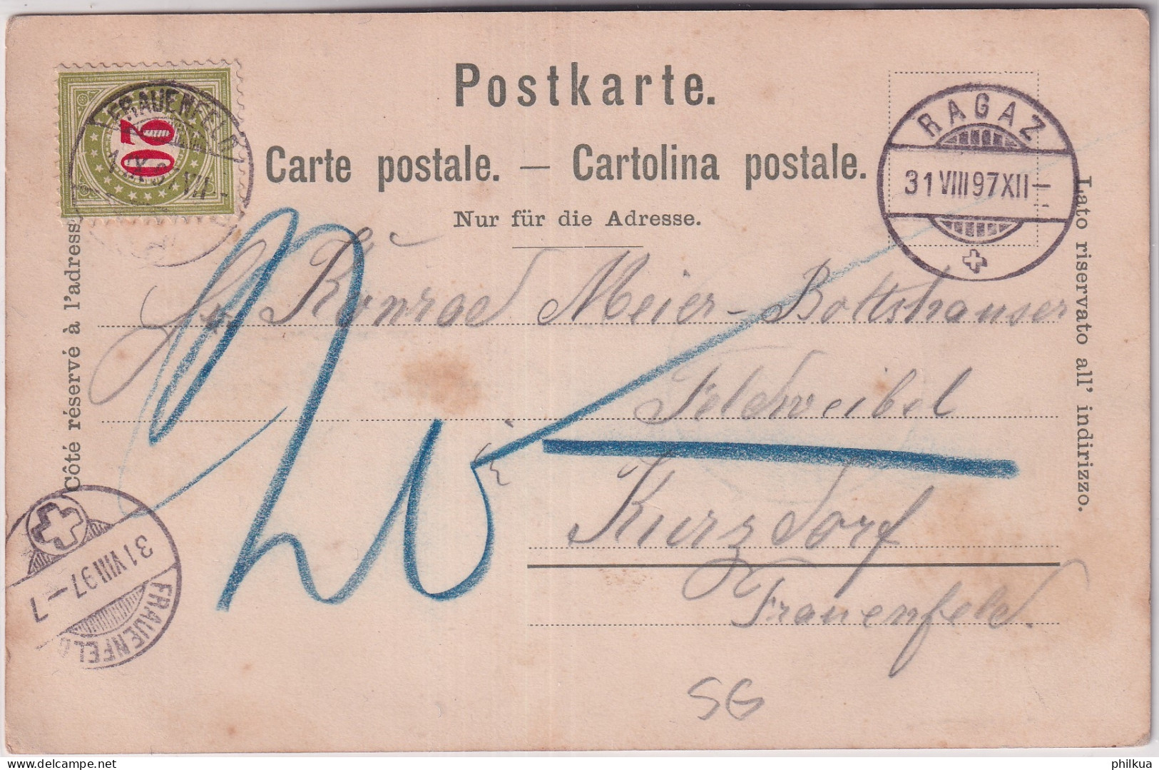 Zumst. 19GIIK / Mi. 19BYga Auf Ansichtskarte Gruss Vom WARTENSTEIN - Calanda Drahtseilbahn - RAGAZ - FRAUENFELD - Postage Due