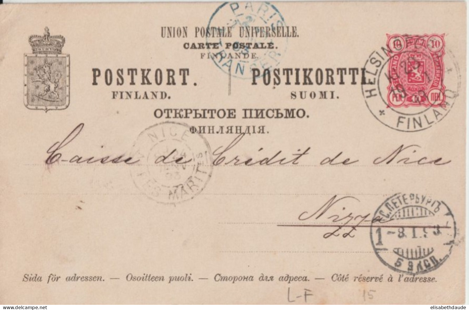 1893 - FINLANDE - CARTE ENTIER POSTAL De HELSINKI => NICE Via ST PETERSBOURG / PARIS - Interi Postali