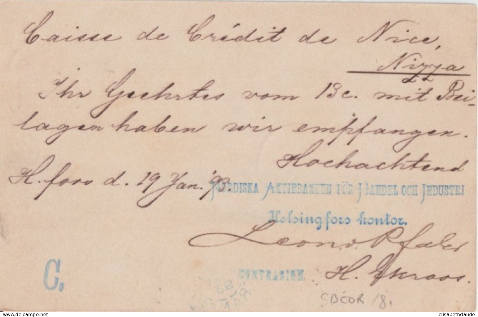 1893 - FINLANDE - CARTE ENTIER POSTAL De HELSINKI => NICE Via ST PETERSBOURG / PARIS - Postwaardestukken