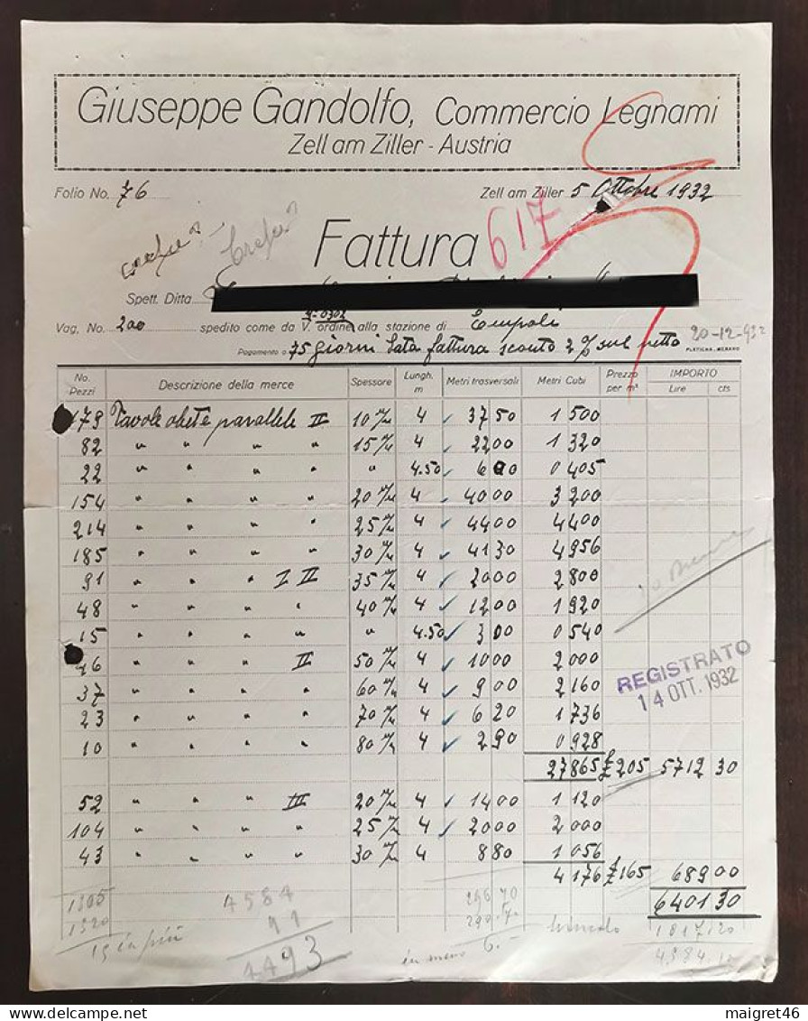 FATTURA GIUSEPPE GANDOLFO COMMERCIO LEGNAMI ZELL AM ZILLER AUSTRIA ANNO 1932 - Autriche