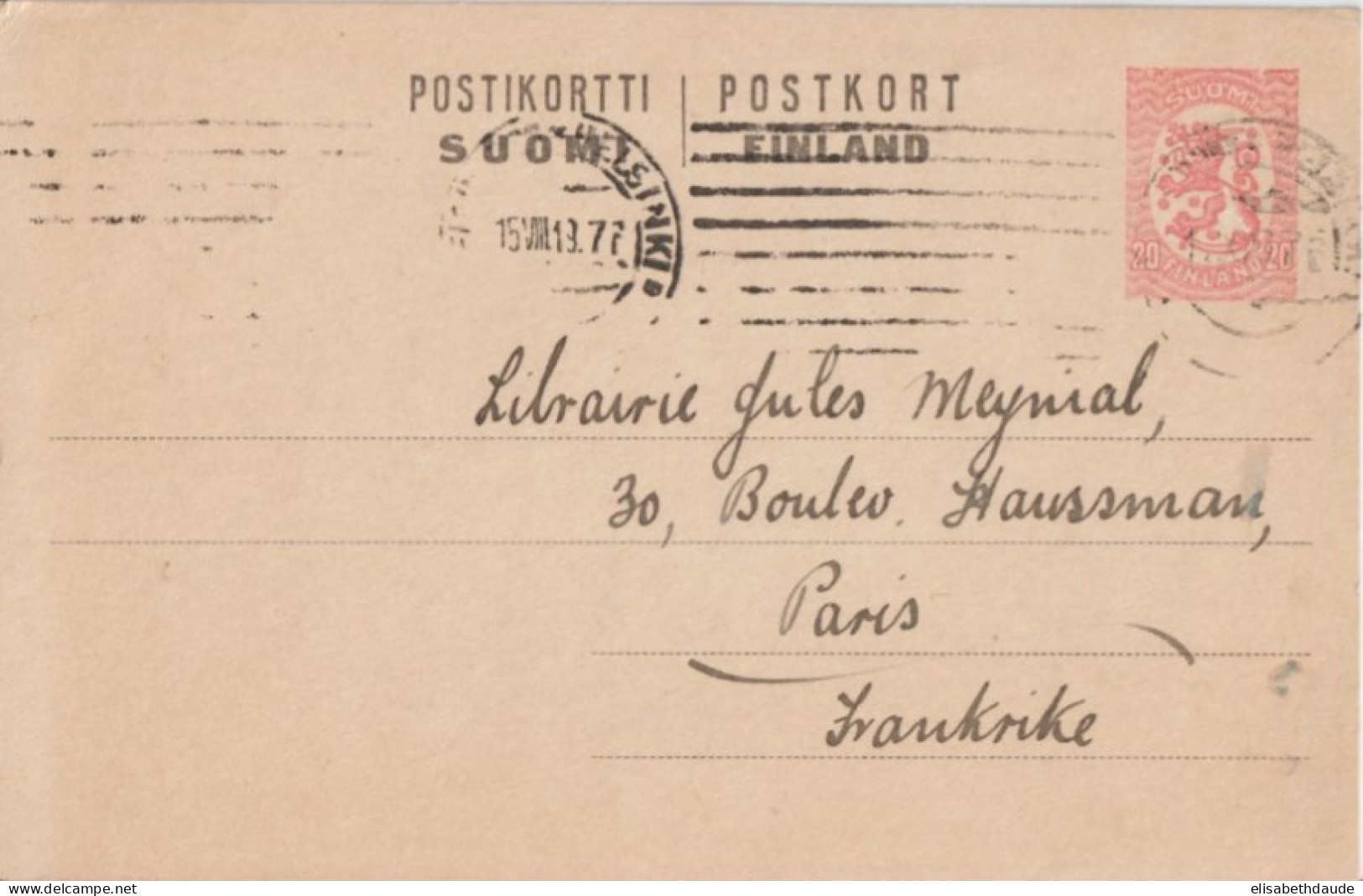 1919 - FINLANDE - CARTE ENTIER POSTAL De HELSINKI => PARIS - Entiers Postaux