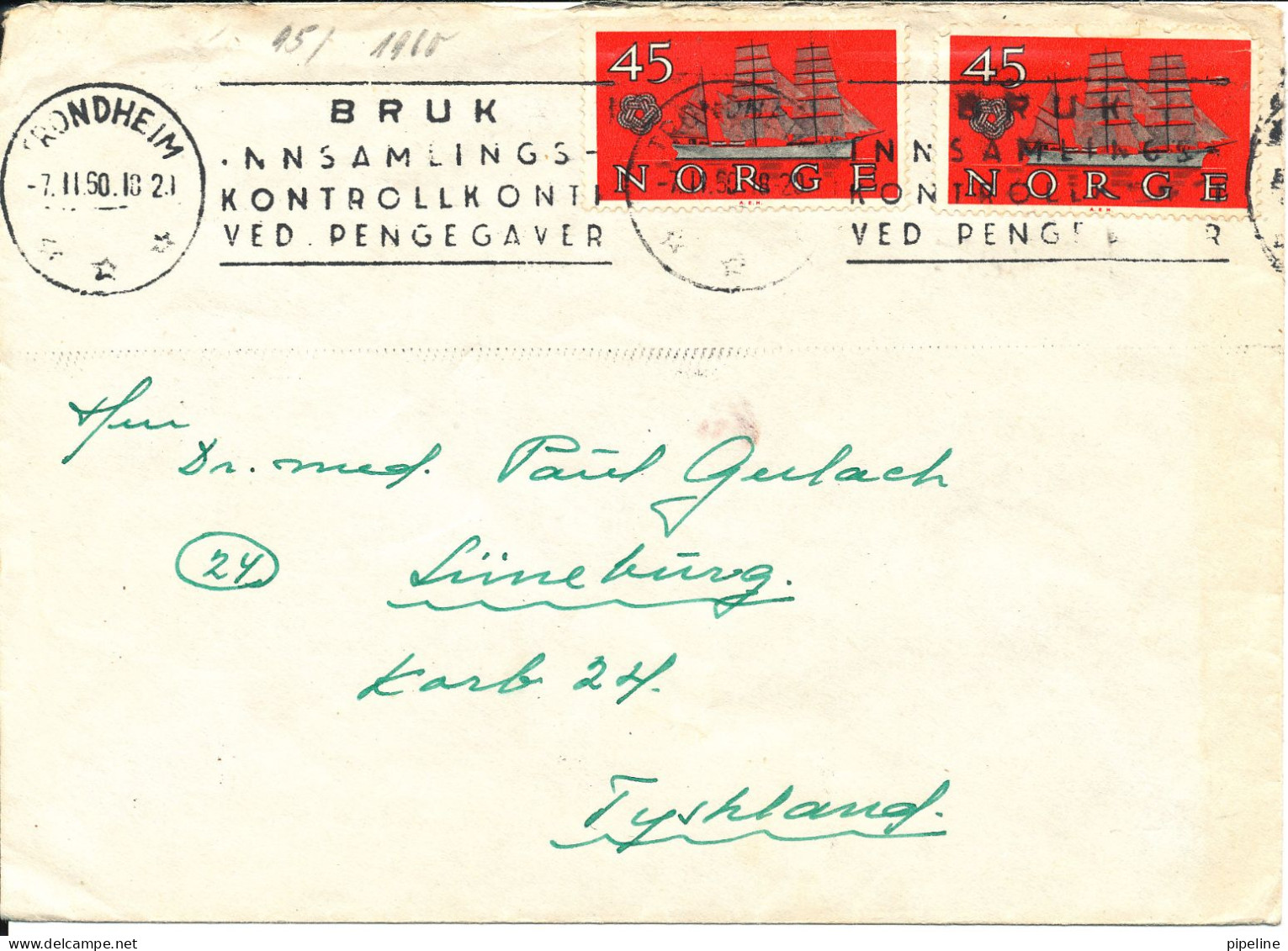 Norway Cover Sent To Germany Trondheim 7-11-1960 - Brieven En Documenten