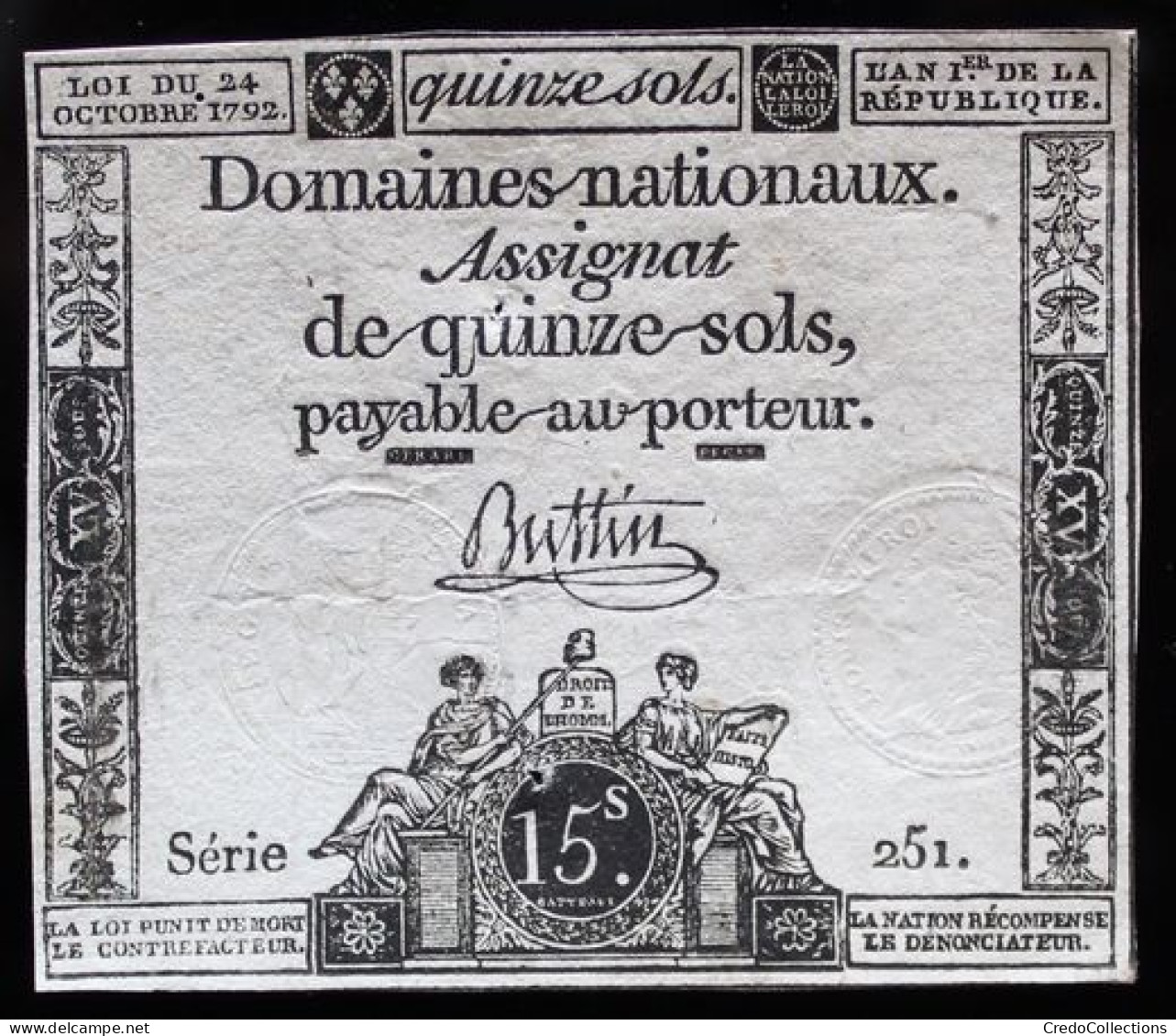 Francs - 15 Sols - 1792 - Série 251 - TTB+ - Assignats & Mandats Territoriaux