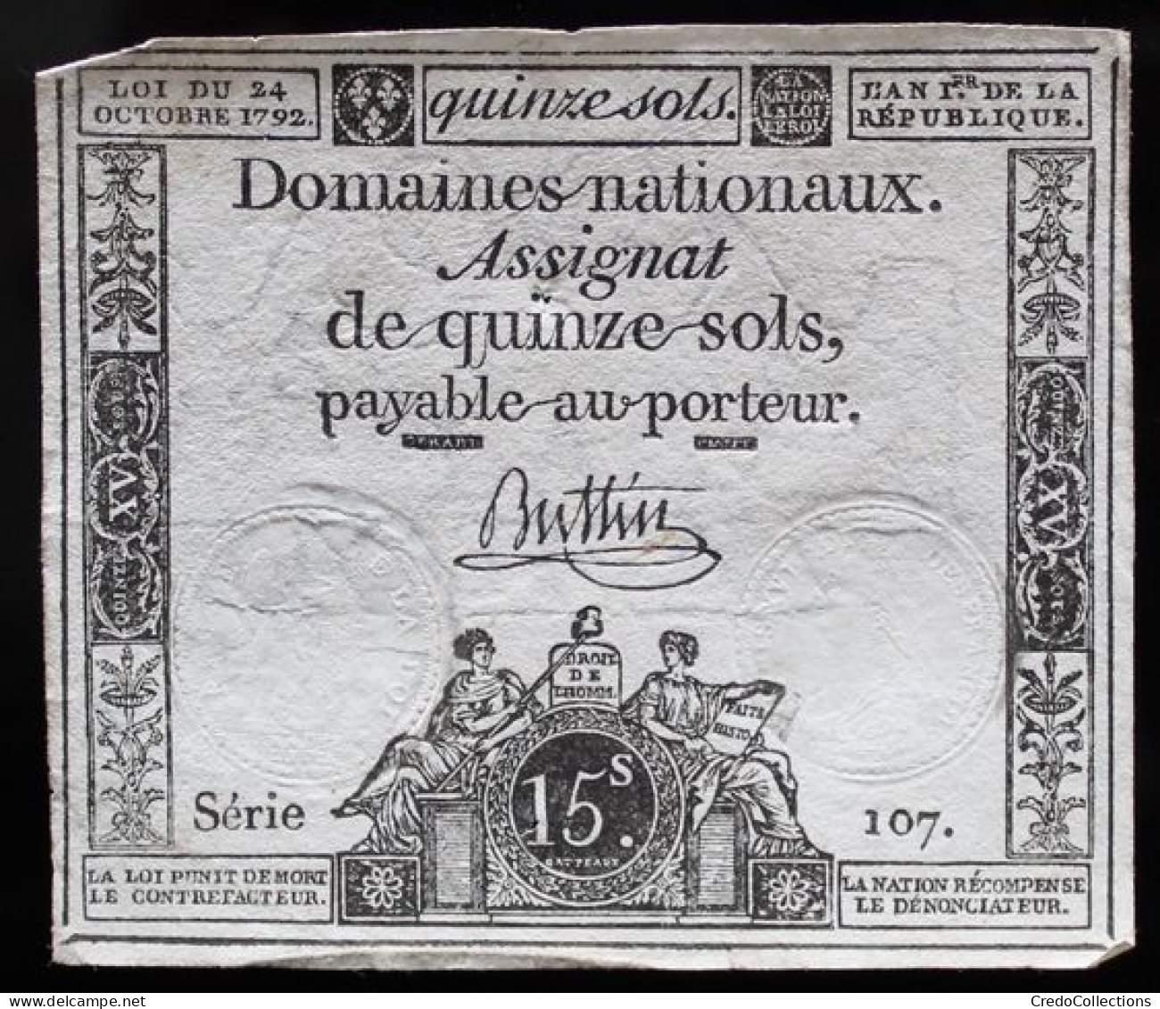 Francs - 15 Sols - 1792 - Série 107 - TTB+ - Assignats