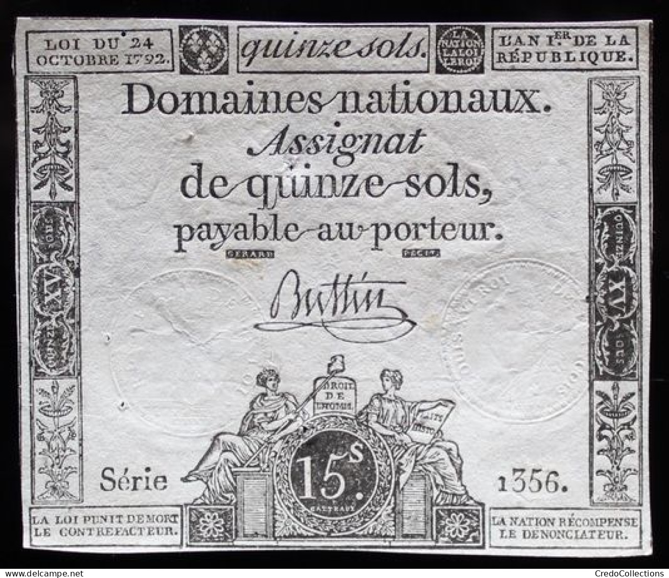 Francs - 15 Sols - 1792 - Série 1356 - TTB+ - Assignats