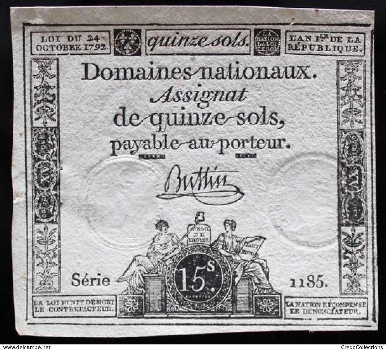 Francs - 15 Sols - 1792 - Série 1185 - TTB+ - Assignats