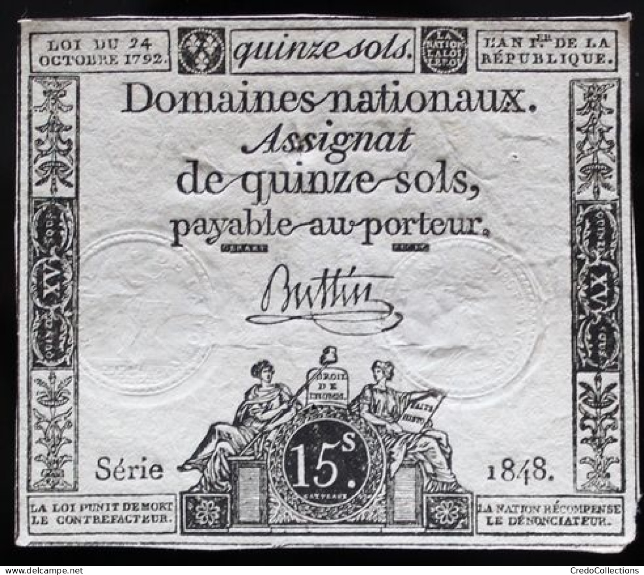 Francs - 15 Sols - 1792 - Série 1848 - TTB+ - Assignats