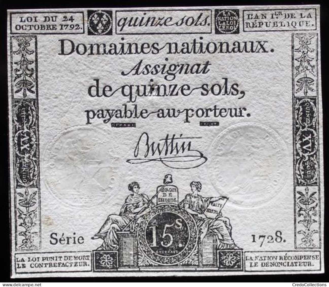 Francs - 15 Sols - 1792 - Série 1728 - TTB+ - Assignats & Mandats Territoriaux