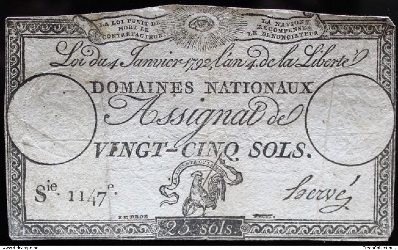 Francs - 25 Sols - 1792 - Série 1147 - TTB - Assegnati