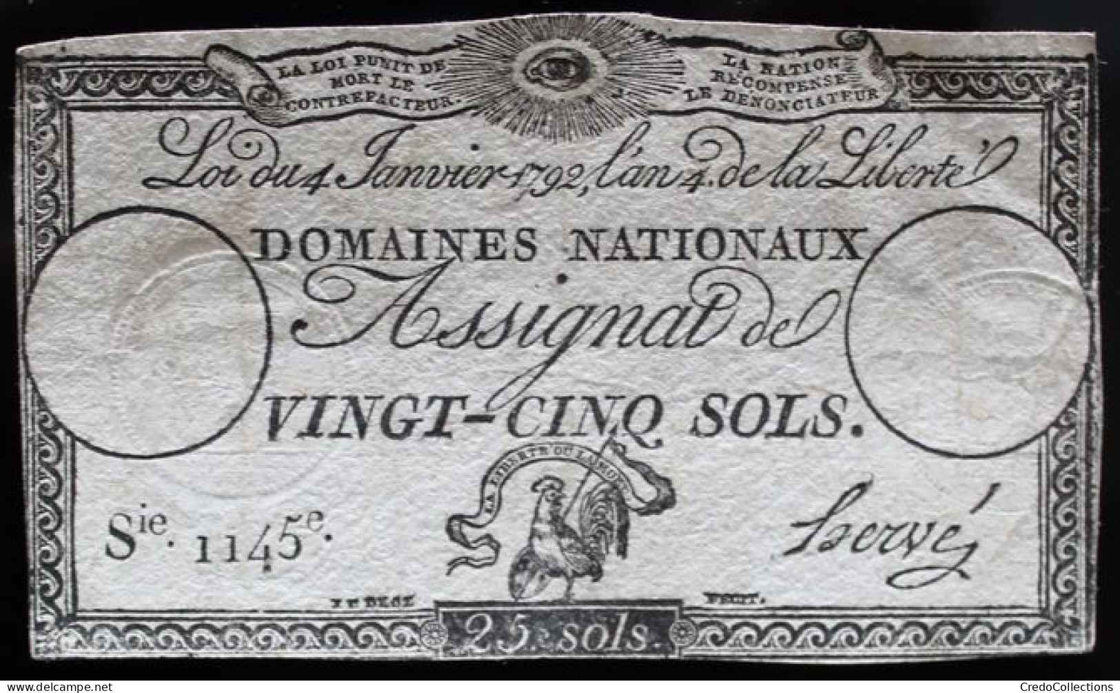 Francs - 25 Sols - 1792 - Série 1145 - TTB - Assignats