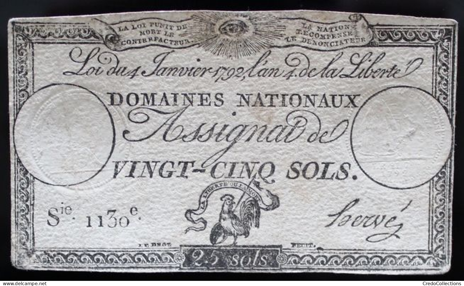 Francs - 25 Sols - 1792 - Série 1130 - TTB+ - Assignats