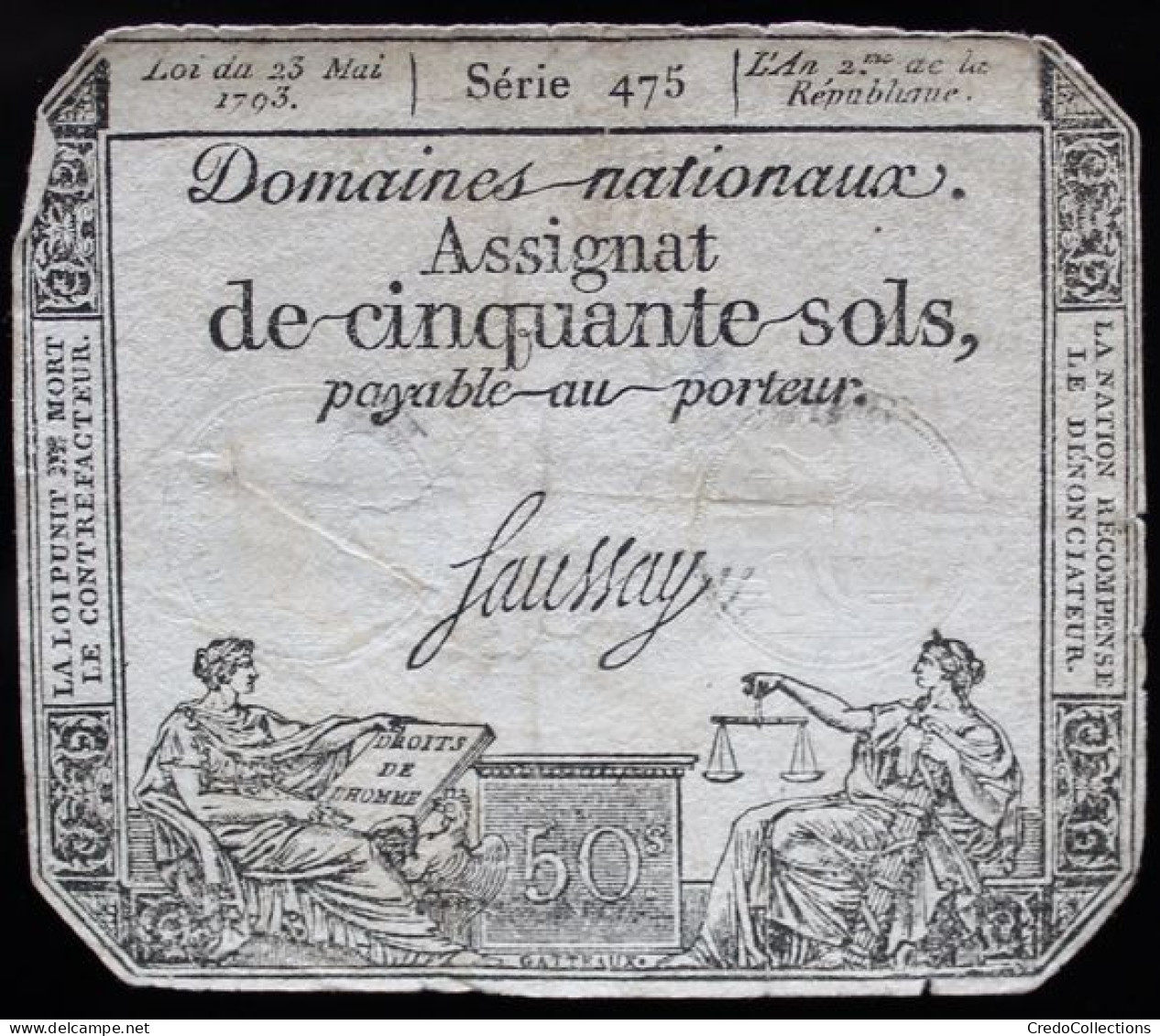 Francs - 50 Sols - 1792 - Série 475 - TB+ - Assignats & Mandats Territoriaux