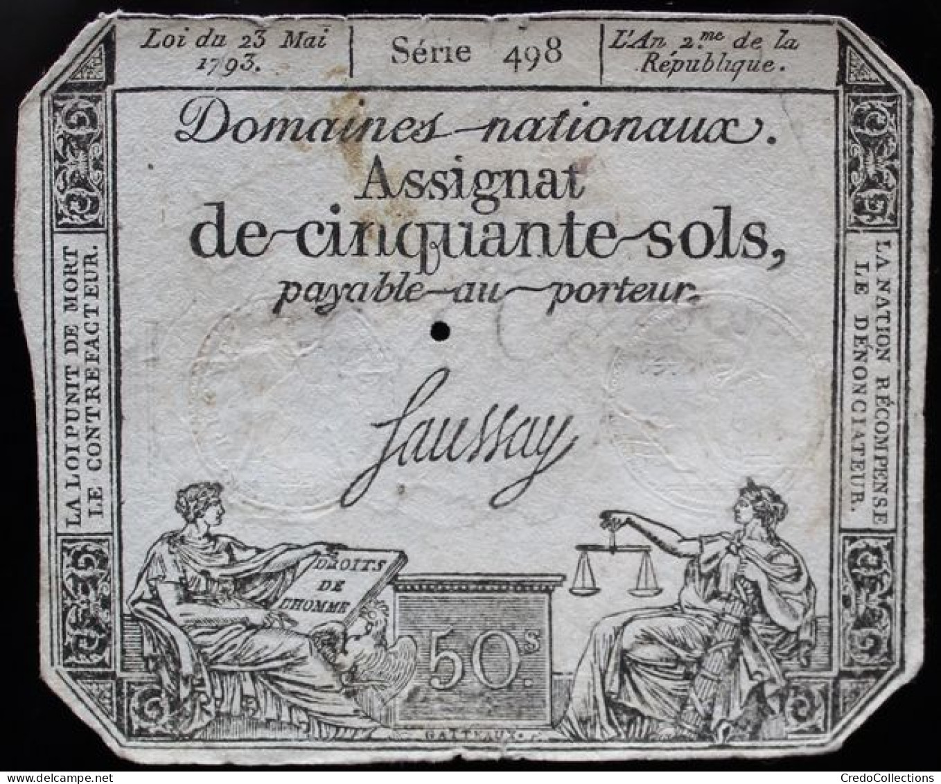 Francs - 50 Sols - 1792 - Série 498 - TB+ - Assignats & Mandats Territoriaux