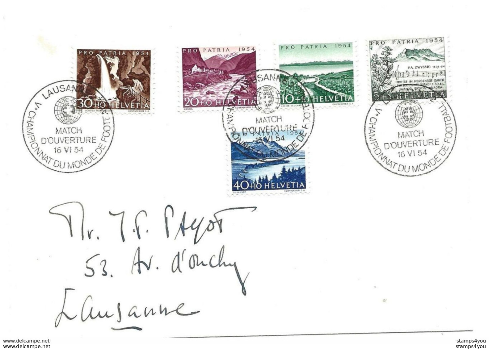 225 - 52 - Enveloppe Suisse Avec Oblit Spéciale "match D'ouverture Champ Du Monde 54 Lausanne" Superbe Affranchissement - 1954 – Svizzera