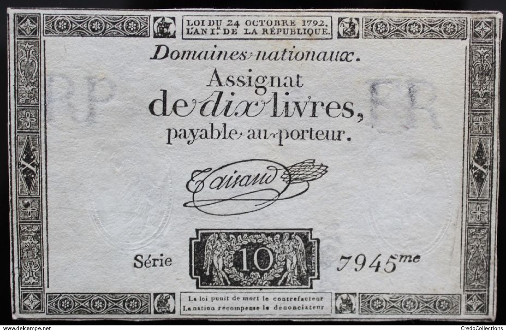 Francs - 10 Livres - 1792 - Série 7945 - TTB - Assegnati