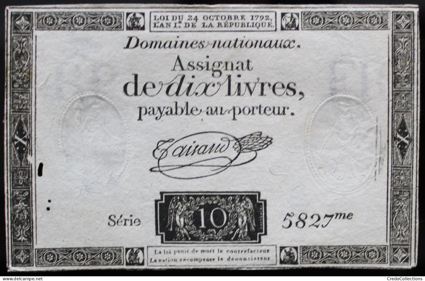 Francs - 10 Livres - 1792 - Série 5827 - TTB - Assegnati