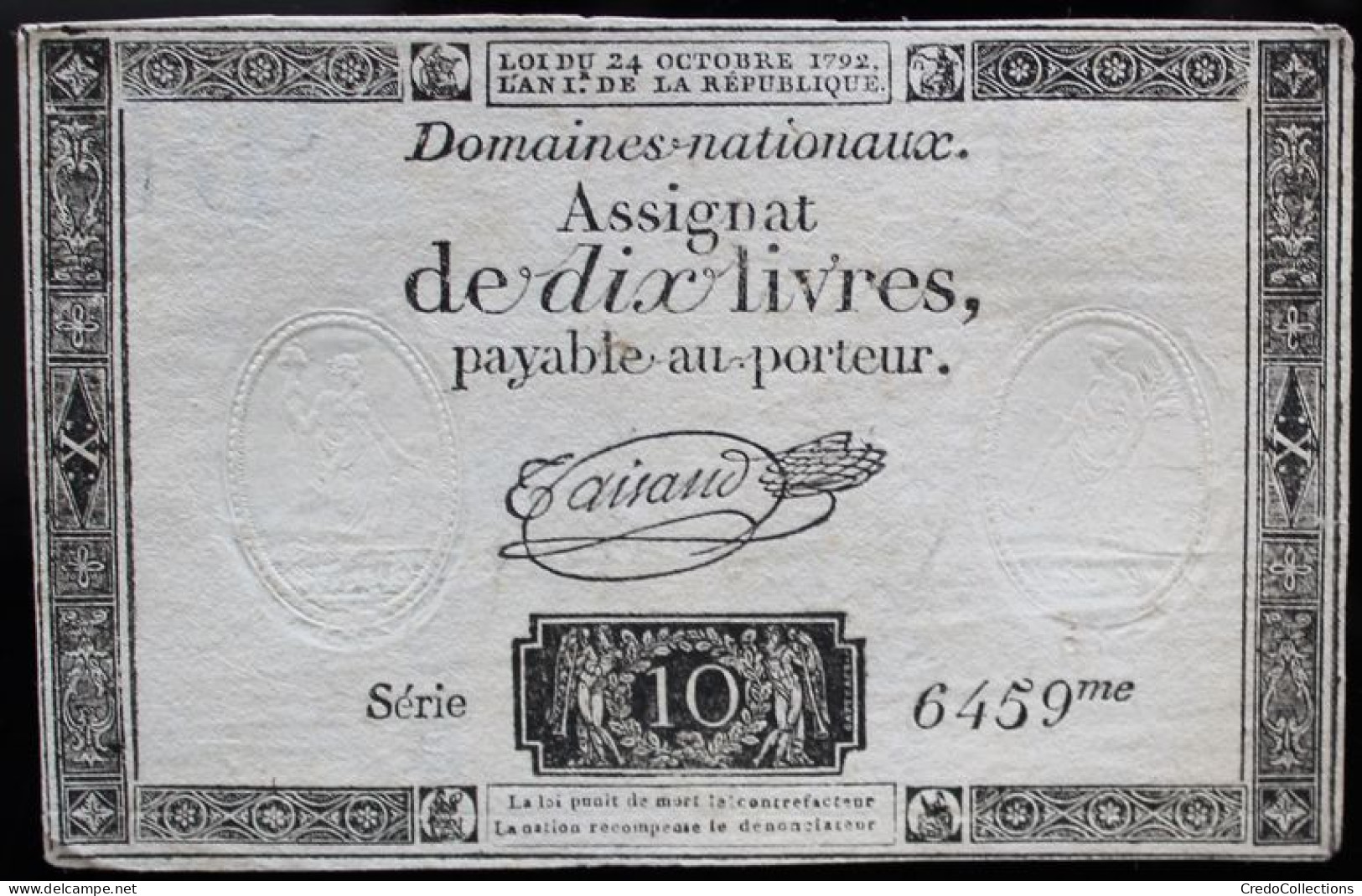 Francs - 10 Livres - 1792 - Série 6459 - TTB - Assegnati