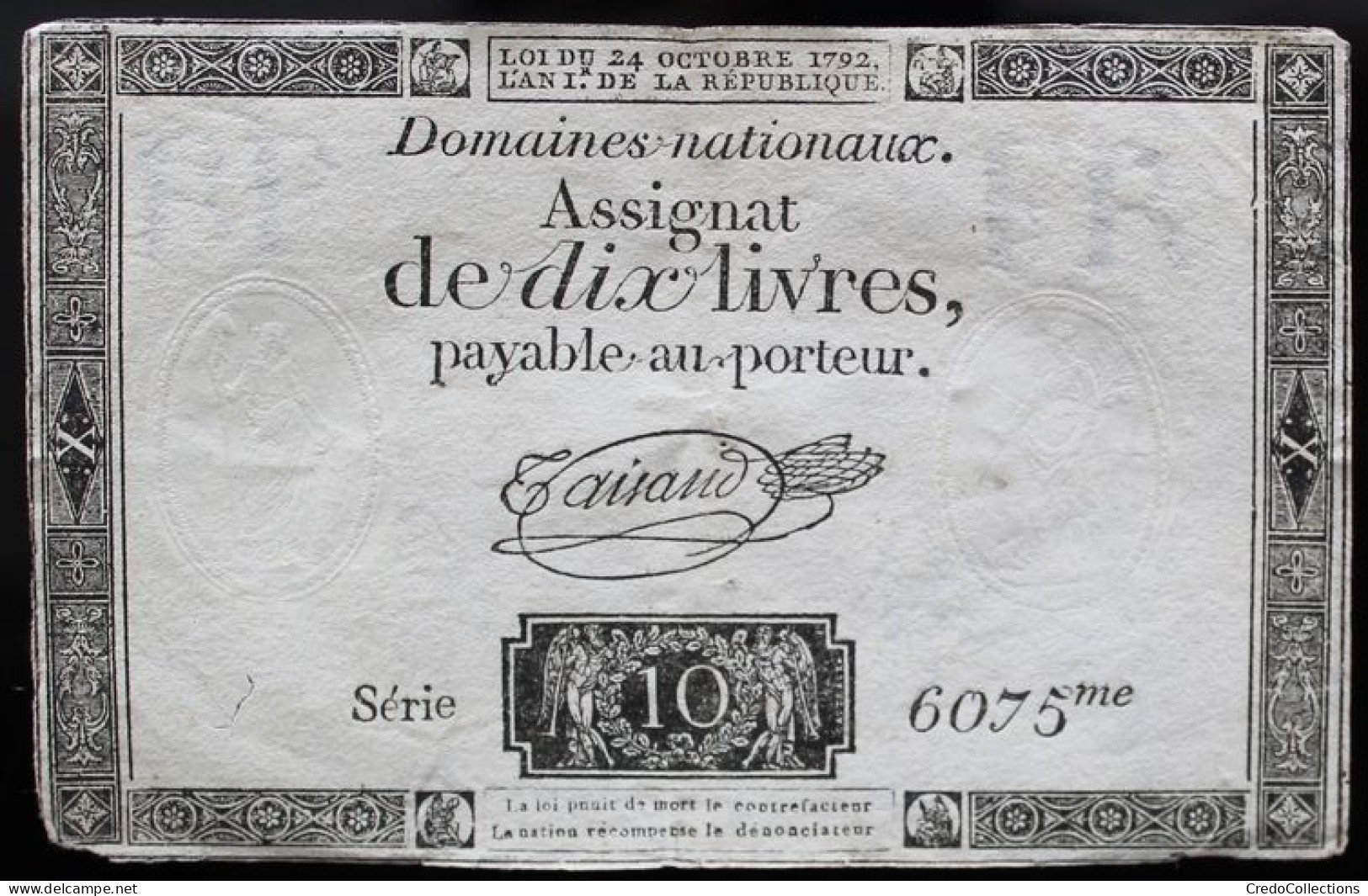 Francs - 10 Livres - 1792 - Série 6075 - TTB - Assegnati
