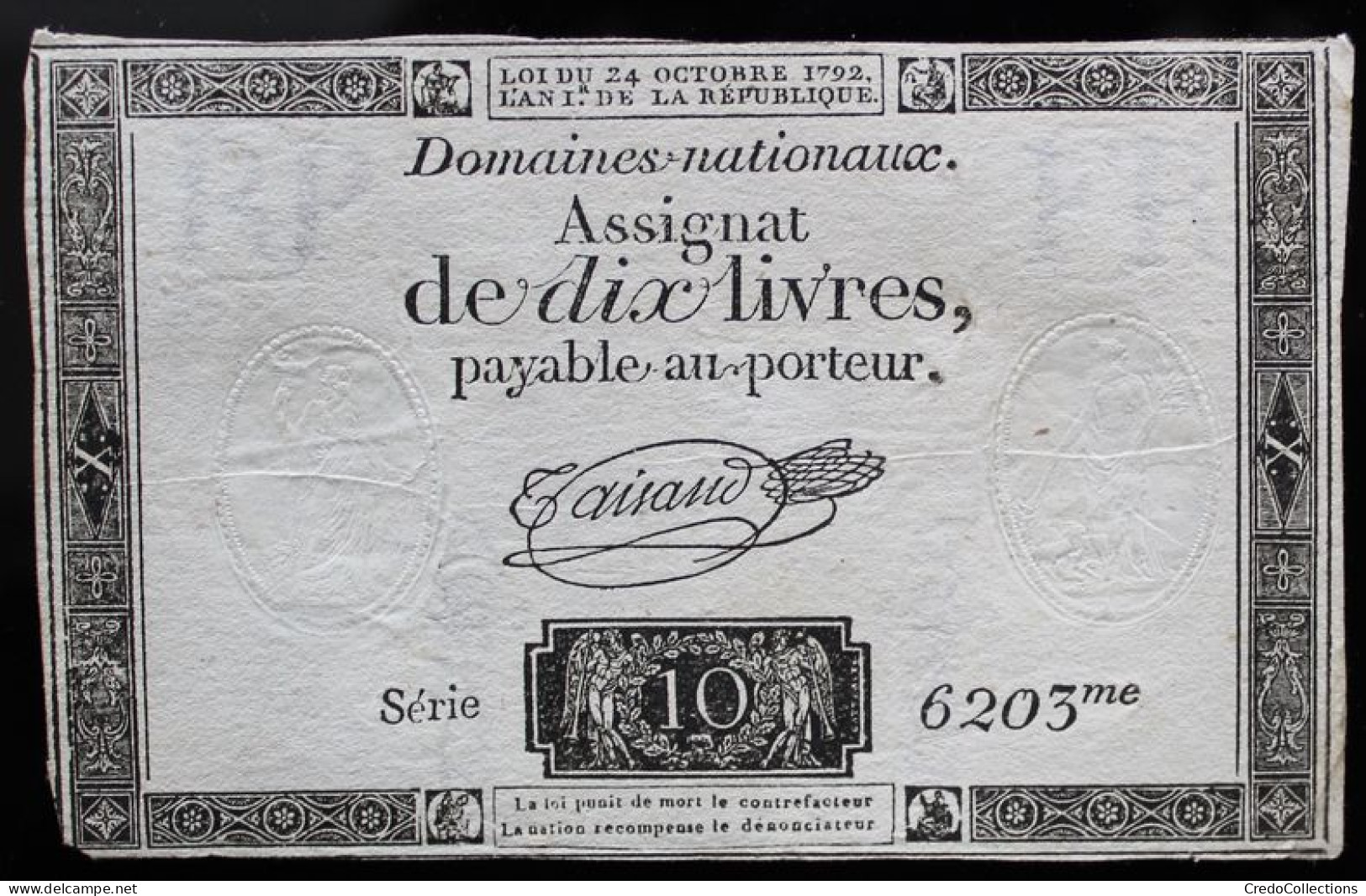 Francs - 10 Livres - 1792 - Série 6203 - TTB - Assignats